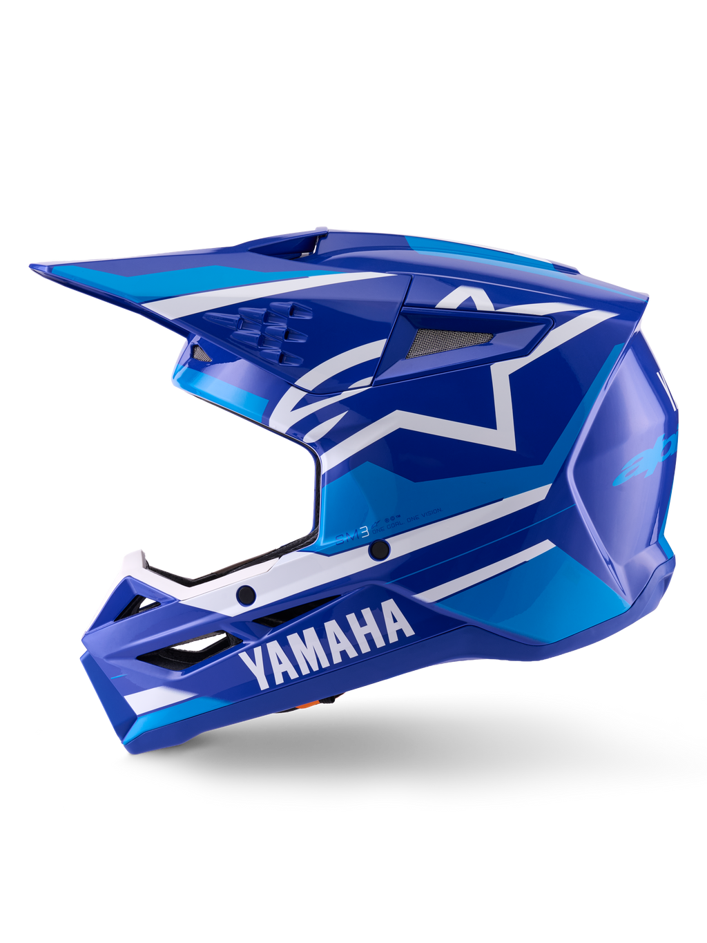 Alpinestars Yamaha S-M3-hjälm, motocrosshjälm, blå och vit glansig finish, sidoprofil med Yamaha-logotyp på hakskyddet och Alpinestars stjärnlogotyp, aerodynamiskt skal med ventilationsportar för terrängkörning