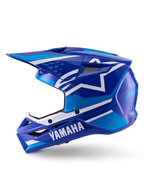 Alpinestars Yamaha S-M3-hjälm, motocrosshjälm, blå och vit glansig finish, sidoprofil med Yamaha-logotyp på hakskyddet och Alpinestars stjärnlogotyp, aerodynamiskt skal med ventilationsportar för terrängkörning