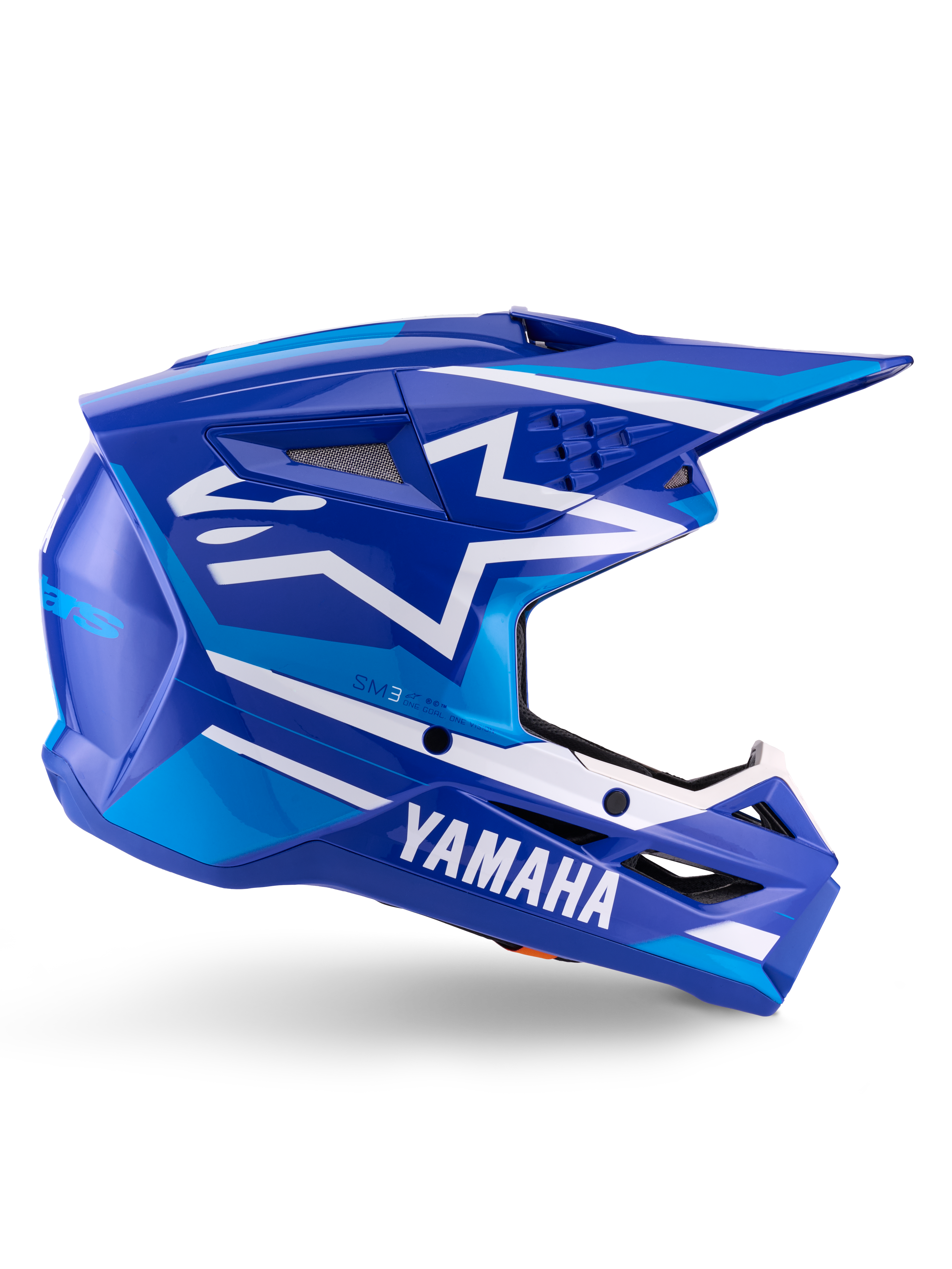 Alpinestars Yamaha S-M3 Helmet ECE 22.06, Motocross Racing Helmet, Blue and White Glossy, featuring bold Yamaha branding and geometric patterns, aerodynamic design with black mesh vents and a pointed visor, professional off-road gear