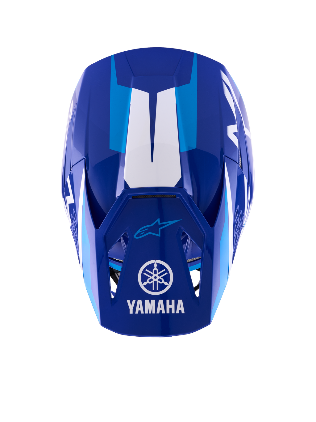 Alpinestars Yamaha S-M3-hjälm, motocrosshjälm, blå och vit högglans, vy uppifrån som visar skärmen med vit Yamaha-logotyp och ordmärke, ljusblå grafiska detaljer och aggressiv aerodynamisk skaldesign.