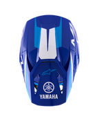Alpinestars Yamaha S-M3-hjälm, motocrosshjälm, blå och vit högglans, vy uppifrån som visar skärmen med vit Yamaha-logotyp och ordmärke, ljusblå grafiska detaljer och aggressiv aerodynamisk skaldesign.