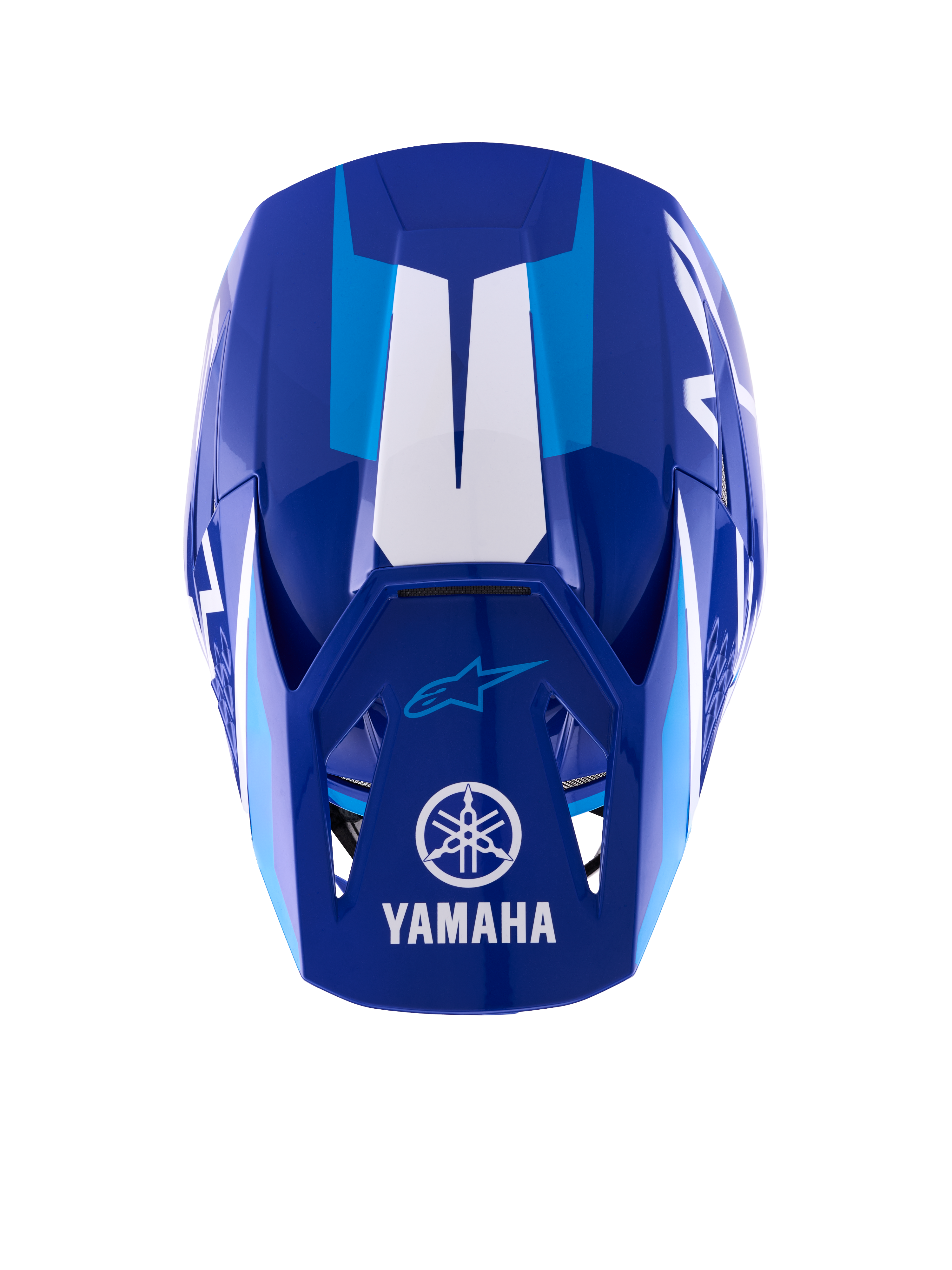 Alpinestars Yamaha S-M3-hjälm, motocrosshjälm, blå och vit högglans, vy uppifrån som visar skärmen med vit Yamaha-logotyp och ordmärke, ljusblå grafiska detaljer och aggressiv aerodynamisk skaldesign.