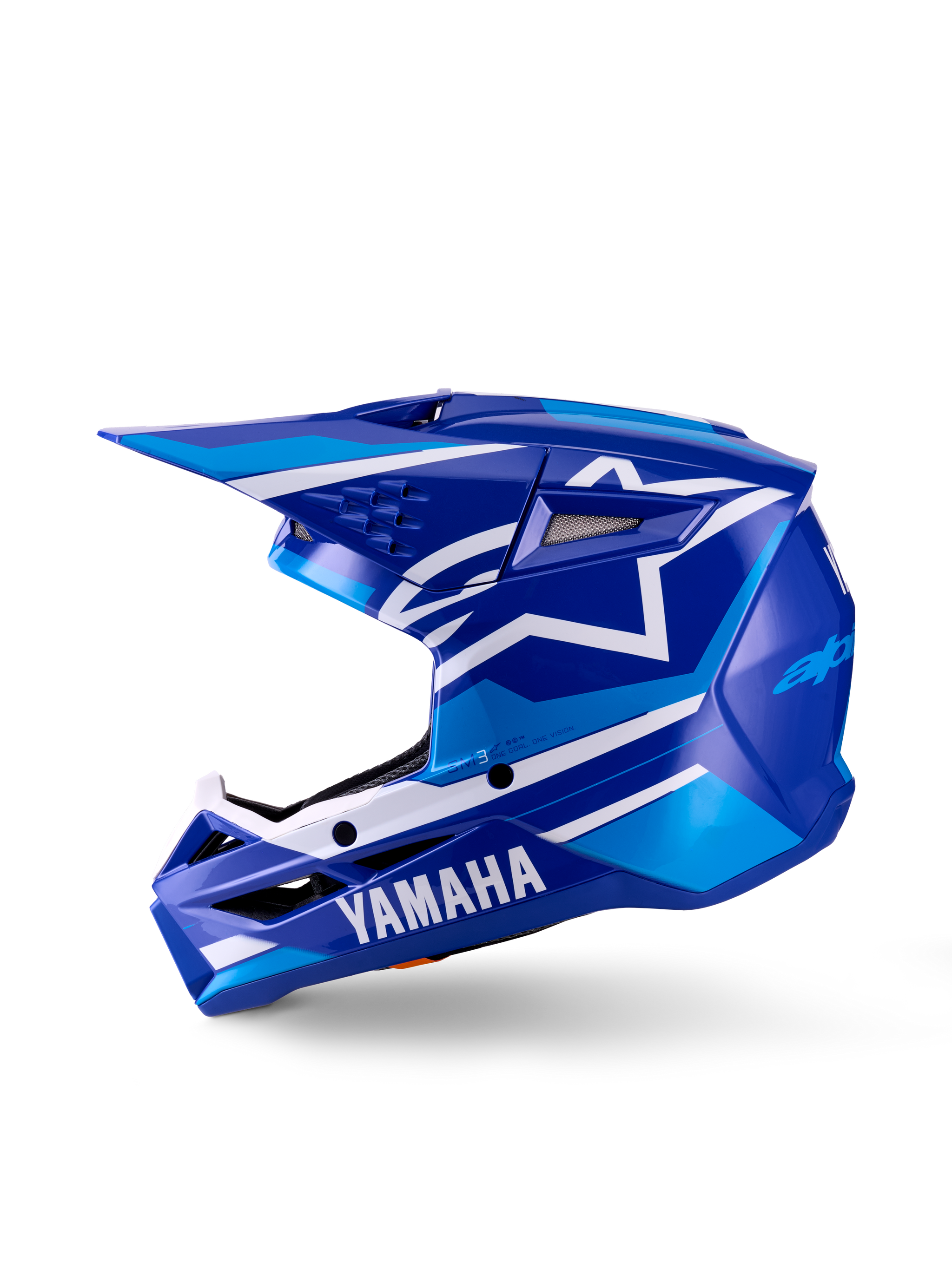 Yamaha S-M3 Youth Motocross Helmet, Motocross Helmet, Blue White Glossy, side profile view, featuring bold Yamaha branding on the chin guard and Alpinestars star logo, sleek aerodynamic shell with multiple ventilation ports and integrated visor.
