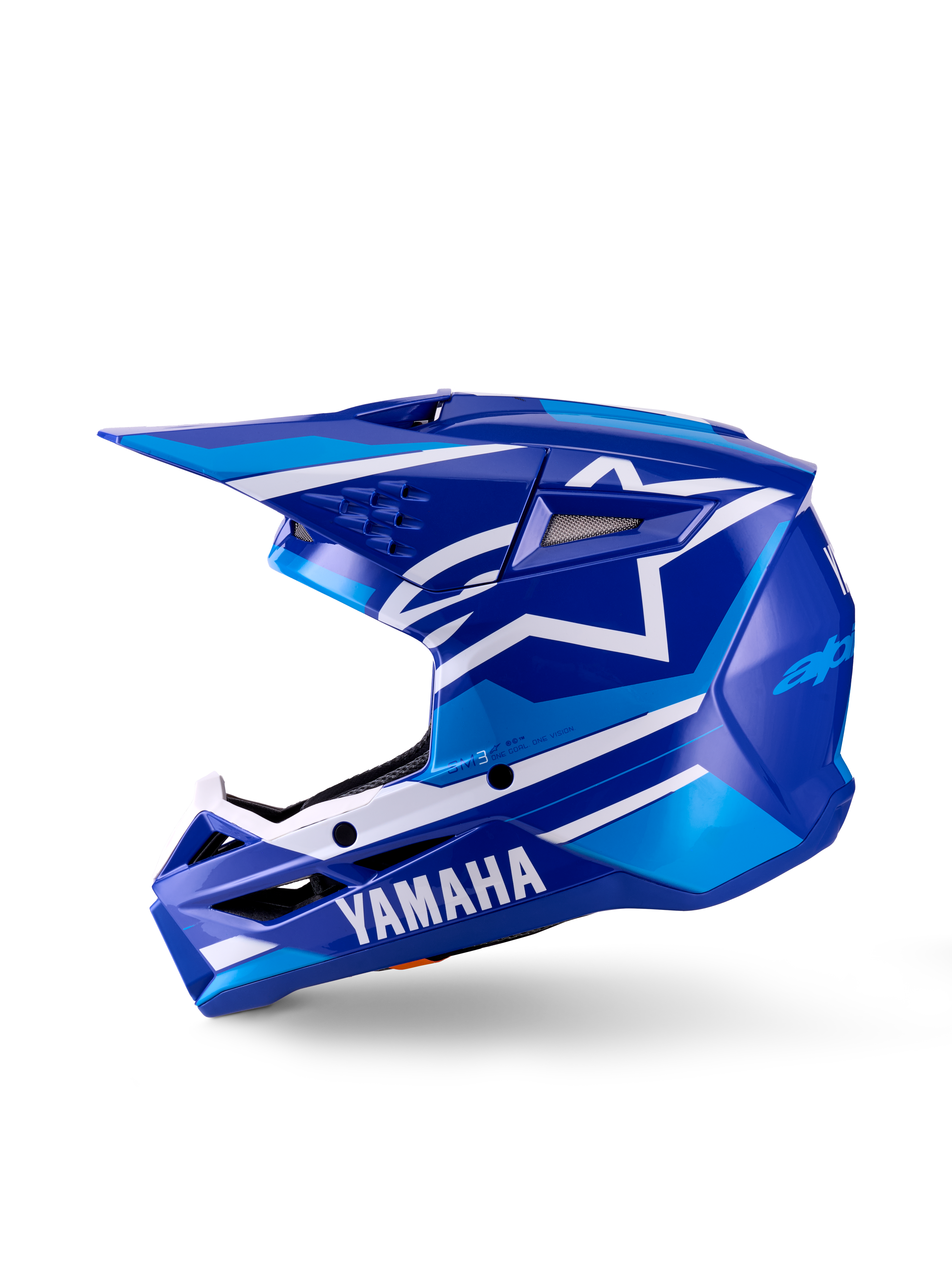Yamaha S-M3 Youth Motocross Helmet, Motocross Helmet, Blue White Glossy, side profile view, featuring bold Yamaha branding on the chin guard and Alpinestars star logo, sleek aerodynamic shell with multiple ventilation ports and integrated visor.