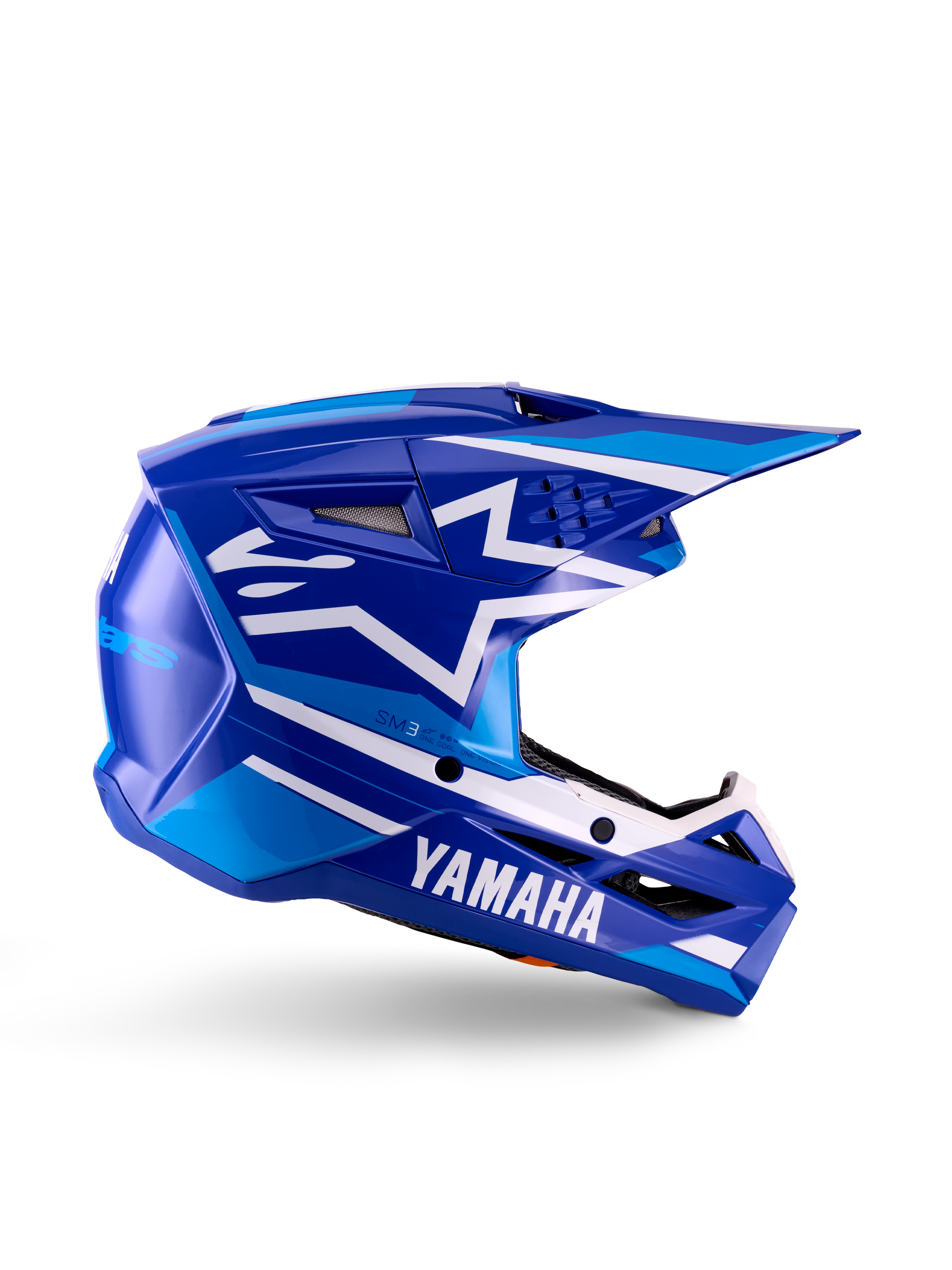 Yamaha S-M3 Youth Motocross Helmet, Blue and White Glossy, side profile view featuring bold Yamaha branding and Alpinestars star logo, geometric design with light blue accents, ventilated shell with long visor, ECE 22.06 certified off-road head protection