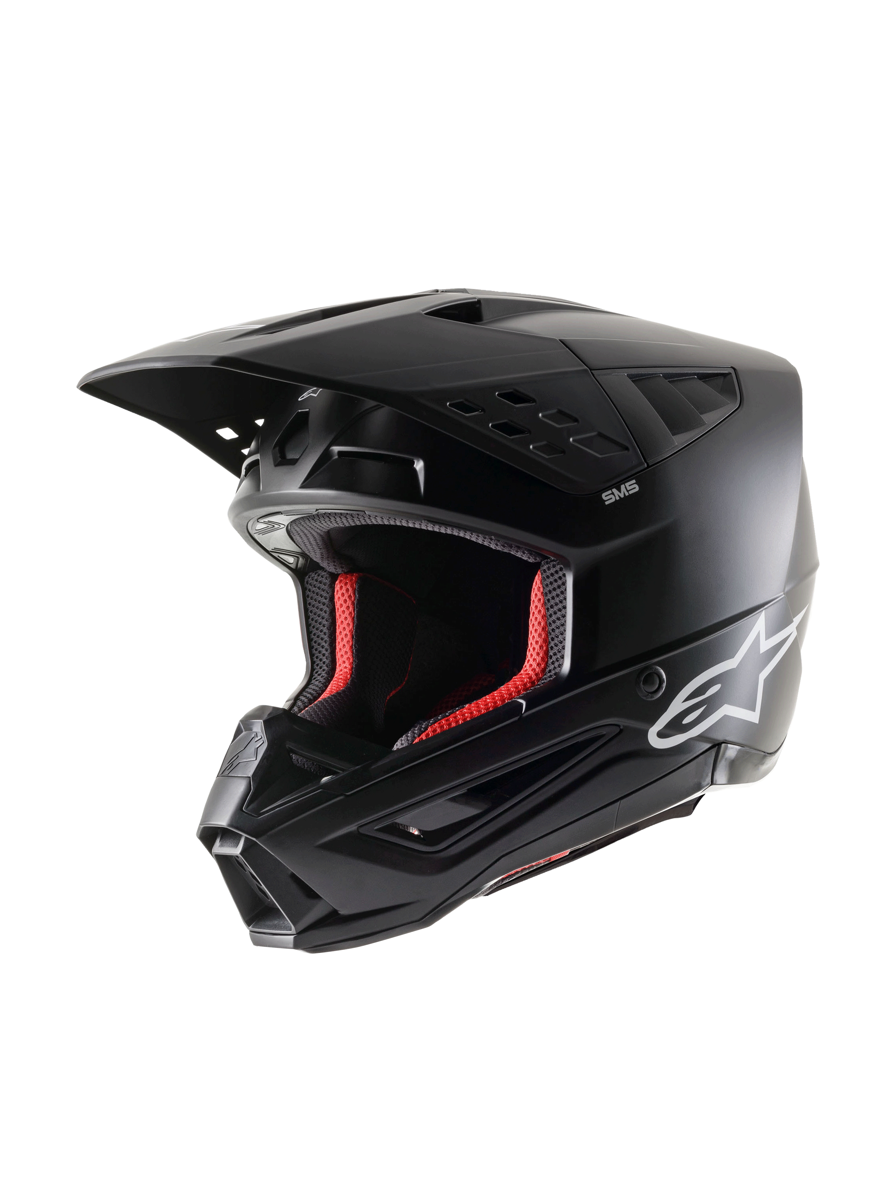 Alpinestars S-M5 Solid Helmet ECE 22.06, Motocross Helmet, Black Matt, three-quarter view, featuring white Alpinestars logo on the side and red interior padding, aerodynamic design with multiple ventilation ports
