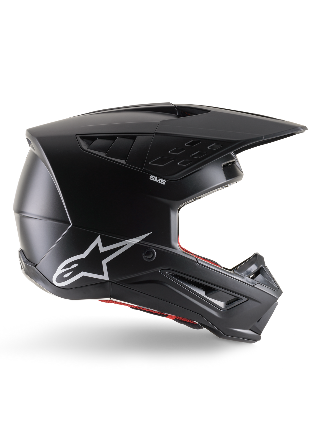 Alpinestars S-M5 Solid hjälm, motocrosshjälm, mattsvart, med vit Alpinestars-stjärnlogotyp och rött innerfoder, aerodynamisk design med flera ventilationsöppningar och lång skärm, ECE 22.06-certifierat skydd för terrängkörning