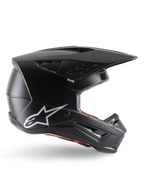 Alpinestars S-M5 Solid Helmet, Motocross Helmet, Matte Black, featuring white Alpinestars star logo and red interior lining, aerodynamic design with multiple air vents and long visor, ECE 22.06 certified off-road protection