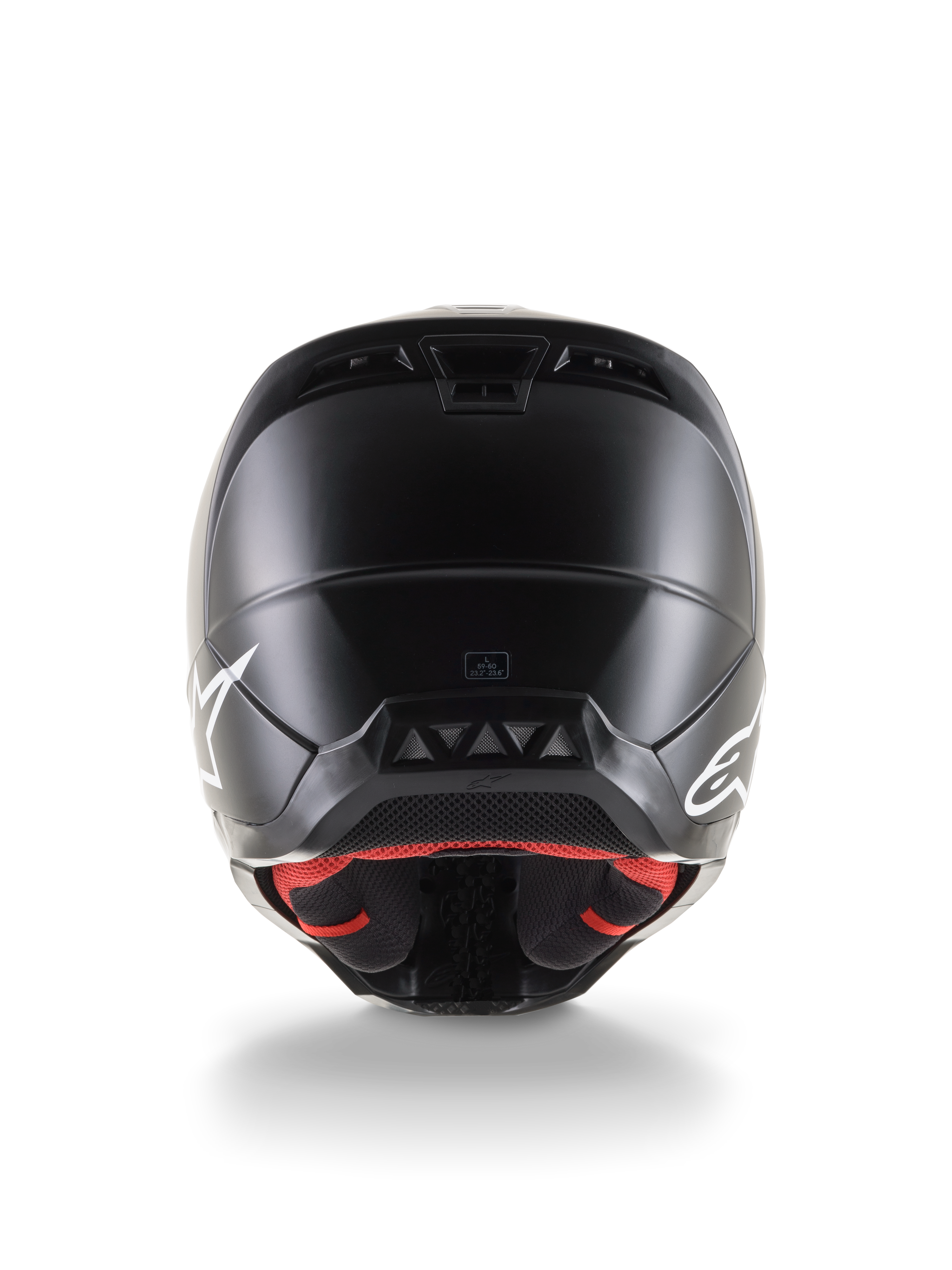 Rear view of the Alpinestars S-M5 Solid Helmet ECE 22.06, Motocross Helmet, Black Matte finish, featuring white Alpinestars logos on the sides, red inner lining, and aerodynamic shell with exhaust vents.