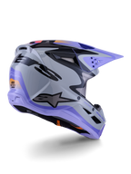 Alpinestars S-M3 Jettson ungdomshjälm, motocrosshjälm, grå, lila och svart glansig, trekvartsvy bakifrån, med lila visir, svart Alpinestars-logotyp och flera ventilationsöppningar, strömlinjeformad design för terrängkörning för ungdomar