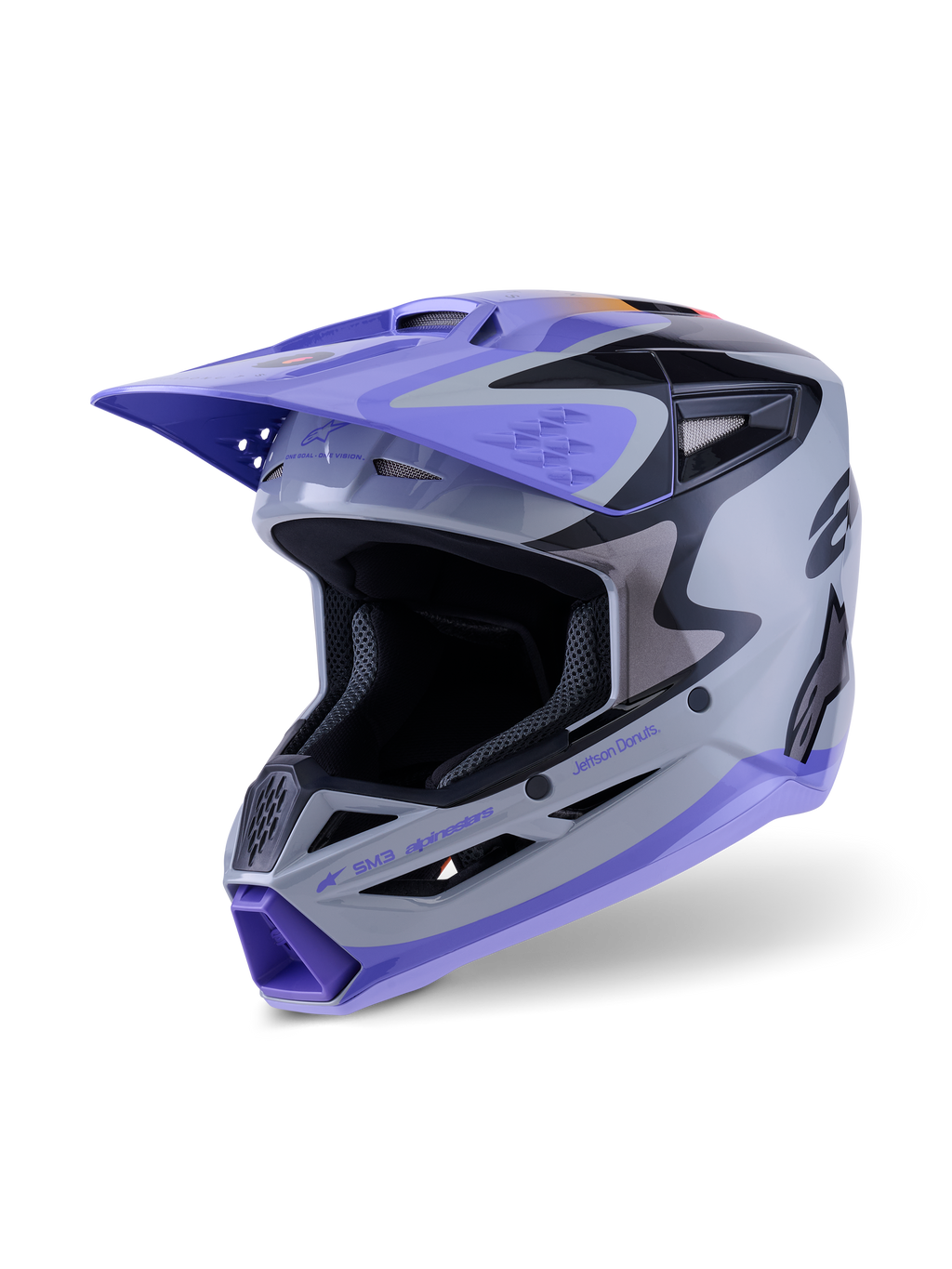 Alpinestars S-M3 Jettson ungdomshjälm ECE 22.06, motocrosshjälm, grå, lila och svart blank, med lila skärm och hakparti, aerodynamiskt skal med ventilationsportar i nät, kraftfull grafik för terrängkörning för ungdomar