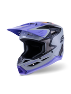 Alpinestars S-M3 Jettson ungdomshjälm ECE 22.06, motocrosshjälm, grå, lila och svart blank, med lila skärm och hakparti, aerodynamiskt skal med ventilationsportar i nät, kraftfull grafik för terrängkörning för ungdomar