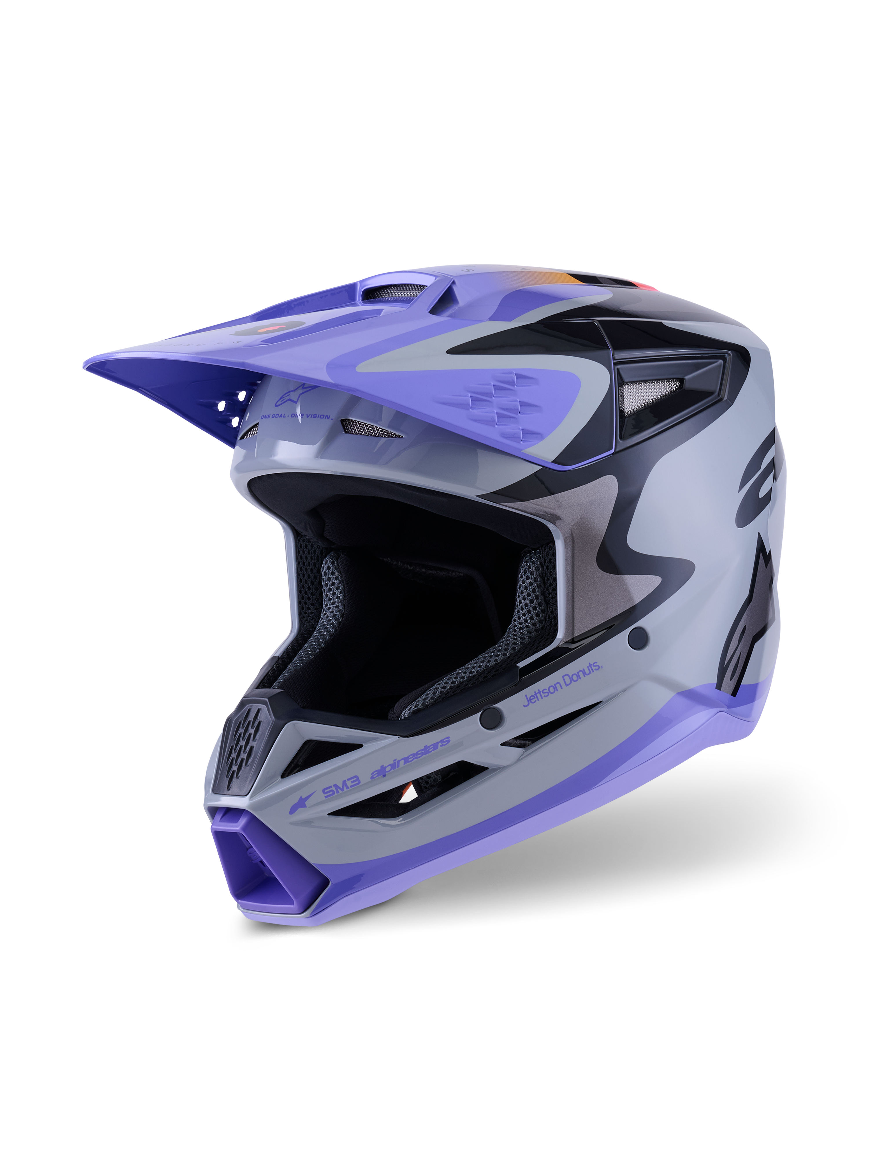 Alpinestars S-M3 Jettson ungdomshjälm ECE 22.06, motocrosshjälm, grå, lila och svart blank, med lila skärm och hakparti, aerodynamiskt skal med ventilationsportar i nät, kraftfull grafik för terrängkörning för ungdomar