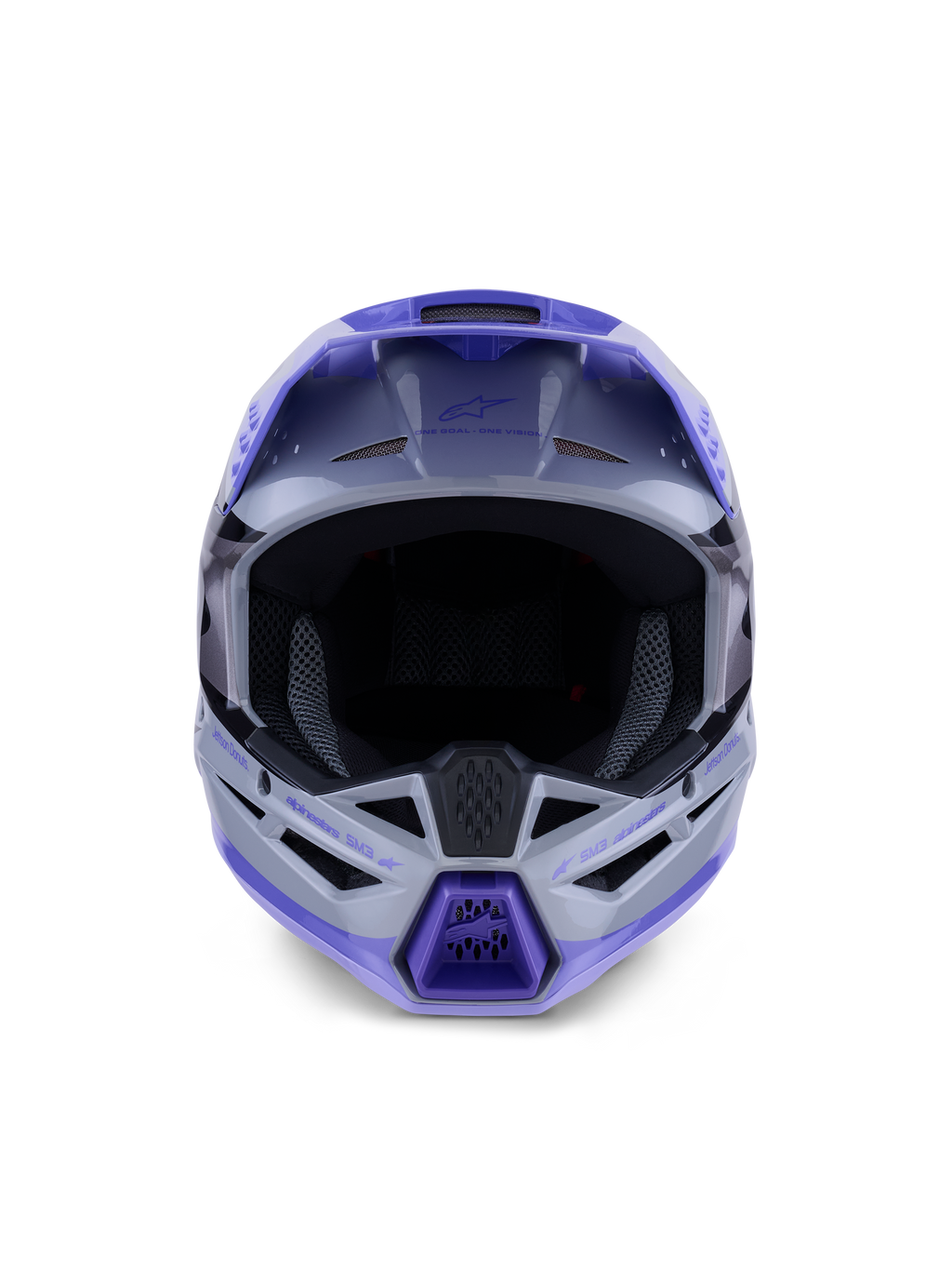 Alpinestars S-M3 Jettson ungdomshjälm, motocrosshjälm, grå, lila och svart blank finish, vy framifrån som visar stor öppning för goggles och ventilerat hakskydd, professionellt huvudskydd för terrängkörning