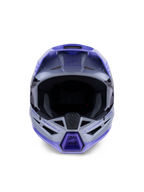 Alpinestars S-M3 Jettson ungdomshjälm, motocrosshjälm, grå, lila och svart blank finish, vy framifrån som visar stor öppning för goggles och ventilerat hakskydd, professionellt huvudskydd för terrängkörning