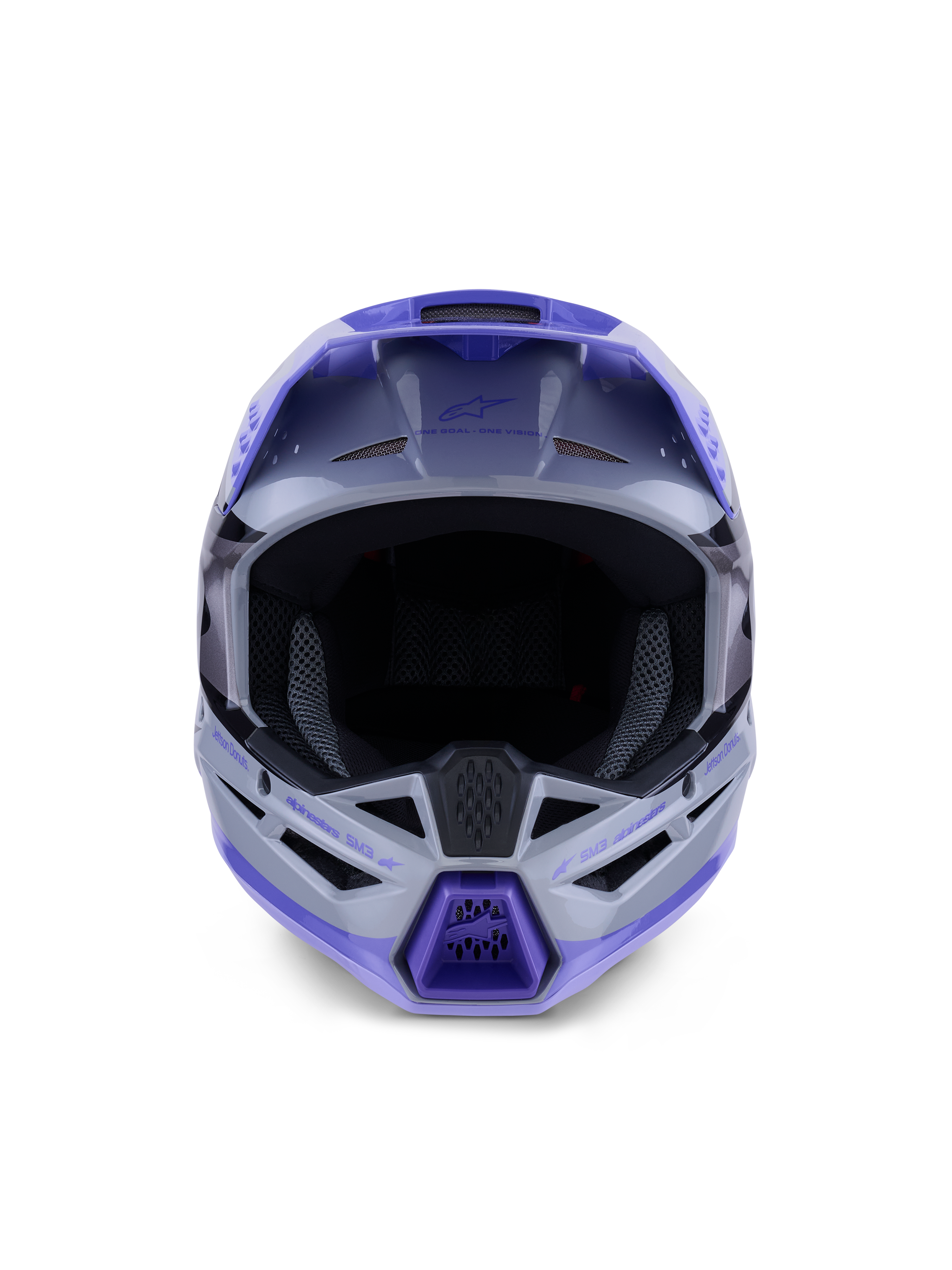 Alpinestars S-M3 Jettson ungdomshjälm, motocrosshjälm, grå, lila och svart blank finish, vy framifrån som visar stor öppning för goggles och ventilerat hakskydd, professionellt huvudskydd för terrängkörning