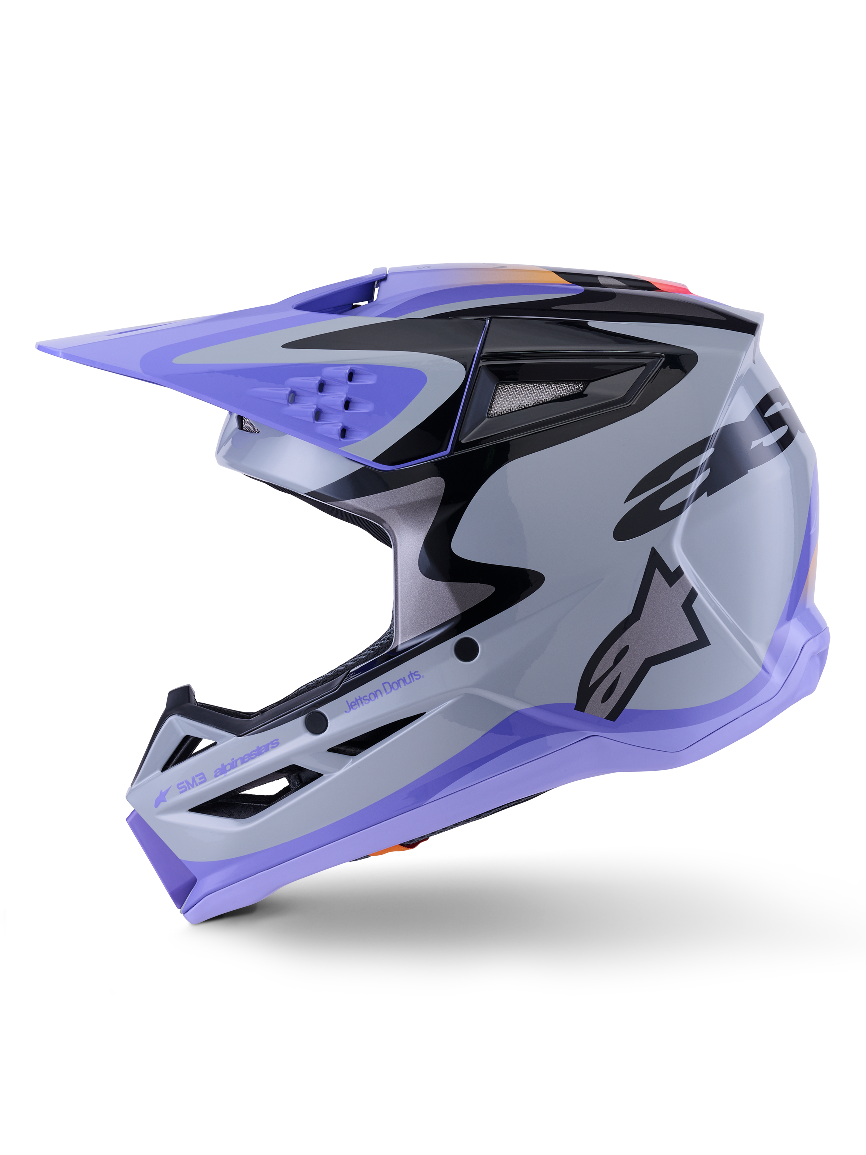 Alpinestars S-M3 Jettson hjälm, motocrosshjälm, grå, lila och svart högblank, sidoprofil med snygg grafik och justerbart visir, flera ventilationsöppningar och Alpinestars-logotyp, högpresterande skydd för terrängkörning