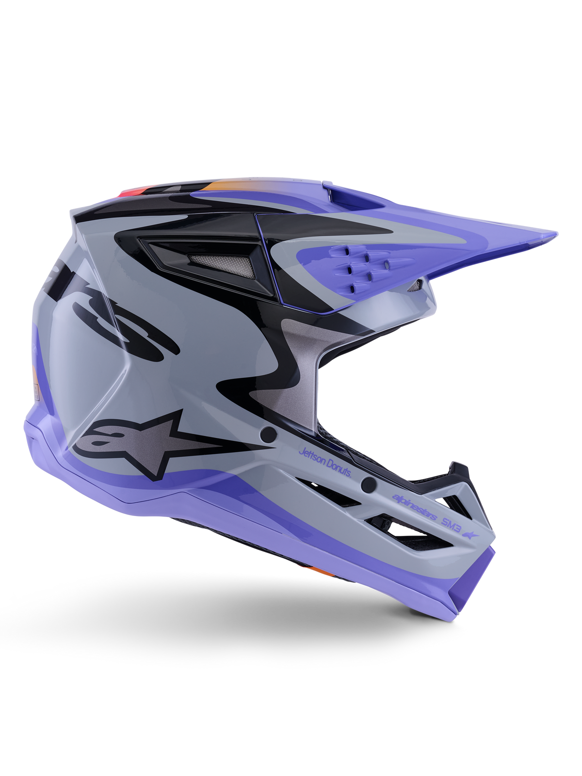 Alpinestars S-M3 Jettson Youth Helmet, Motocross Helmet, Gray Purple and Black Glossy, side profile featuring sharp angular graphics and 'Jettson Donuts' branding, aerodynamic shell design with ventilation ports and Alpinestars logo, high-performance youth off-road protective gear
