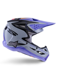 Alpinestars S-M3 Jettson ungdomshjälm, motocrosshjälm, grå, lila och svart blank finish, sidoprofil med skarp vinklad grafik och 'Jettson Donuts'-branding, aerodynamisk skaldesign med ventilationsöppningar och Alpinestars-logotyp, högpresterande skyddsutrustning för ungdomar vid terrängkörning