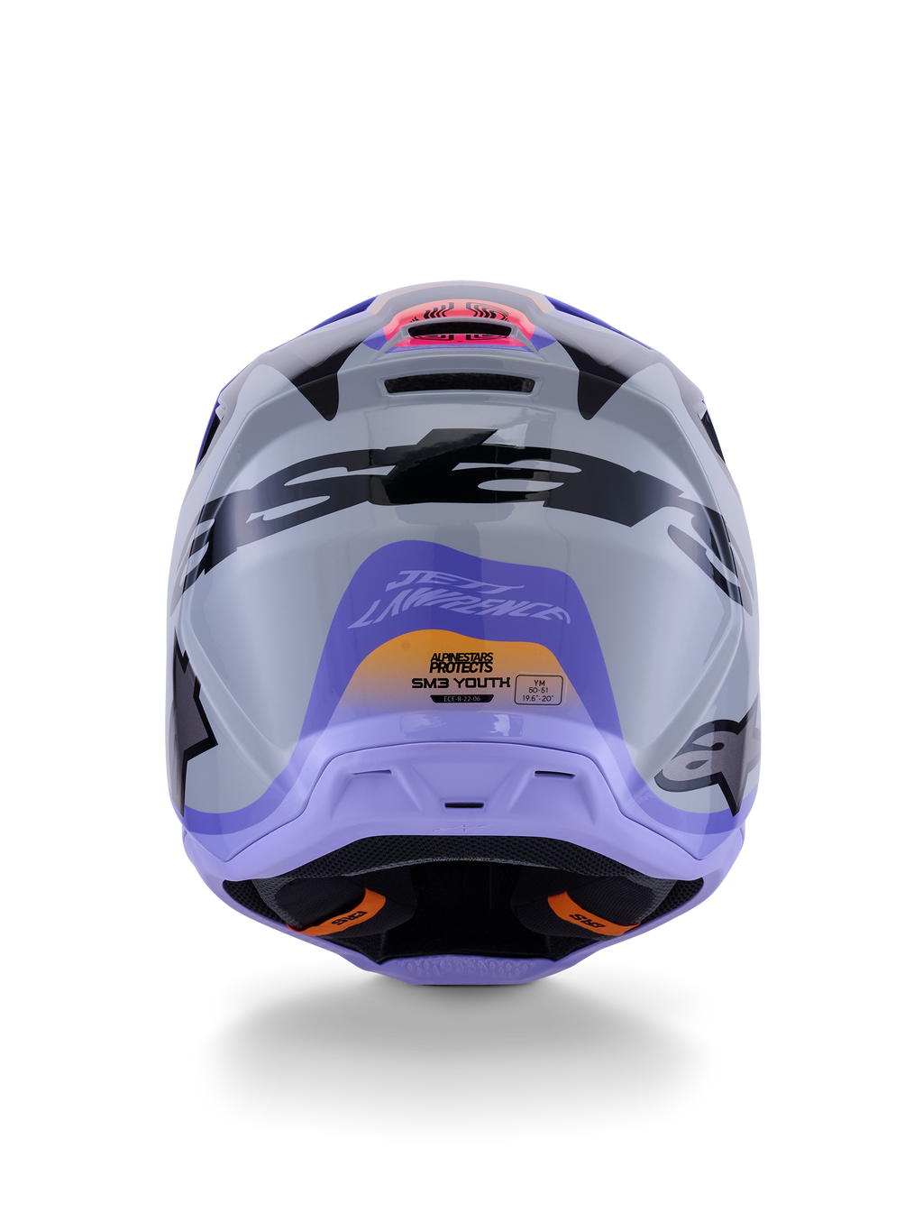 Alpinestars S-M3 Jettson ungdomshjälm ECE 22.06, motocrosshjälm, vy bakifrån i grått, lila och svart glansig finish, med Jett Lawrences signaturgrafik, tydlig svart logotyp och ventilationsöppningar, glansig yta för terrängkörning