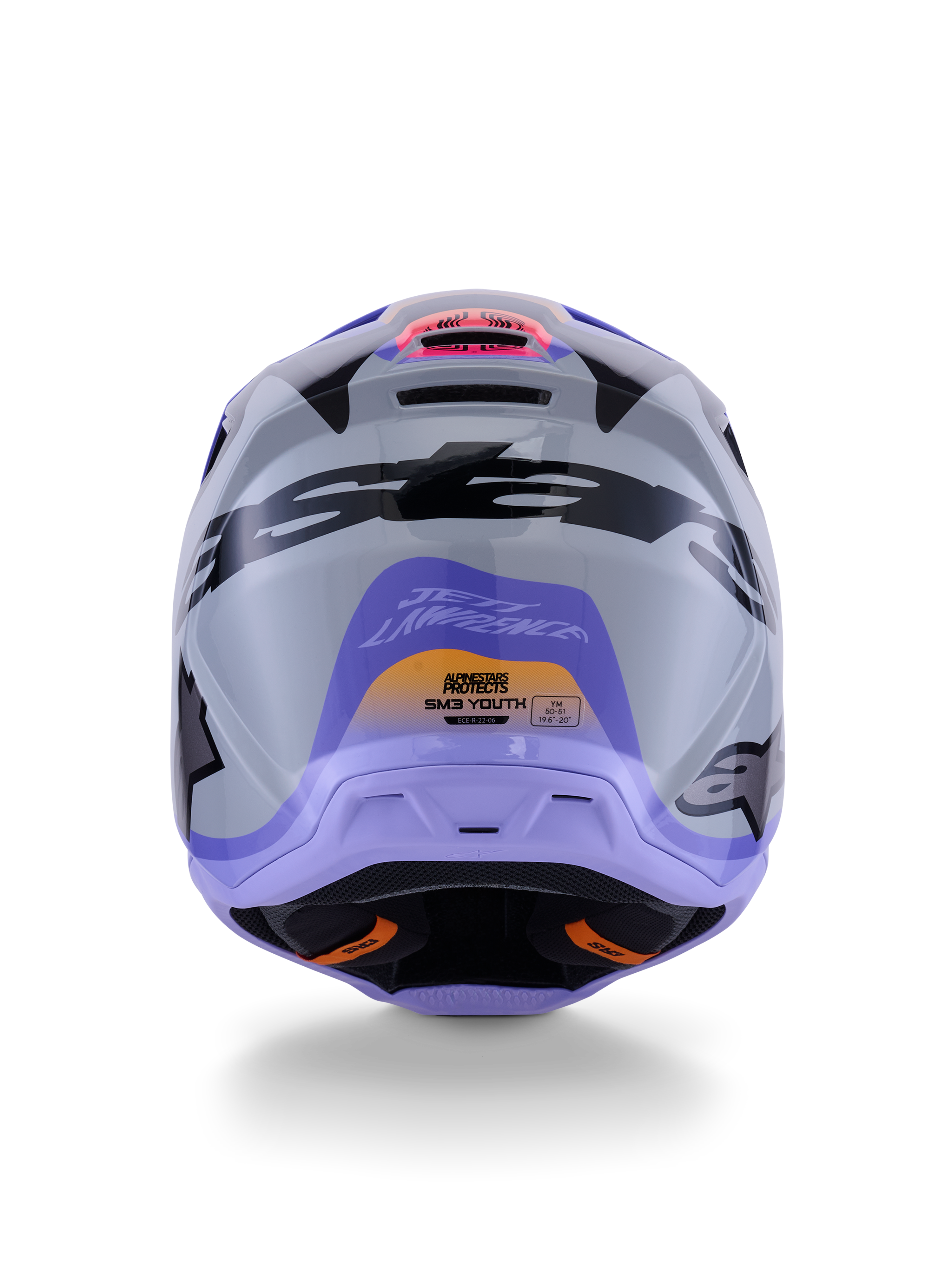 Alpinestars S-M3 Jettson ungdomshjälm ECE 22.06, motocrosshjälm, vy bakifrån i grått, lila och svart glansig finish, med Jett Lawrences signaturgrafik, tydlig svart logotyp och ventilationsöppningar, glansig yta för terrängkörning