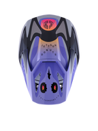 Alpinestars S-M3 Jettson ungdomshjälm, motocrosshjälm, grå, lila och svart glansig, vy uppifrån med 'Jettson Donuts'-grafikmönster på en lavendelfärgad bas, svarta och grå detaljer samt skyddande visirskärm