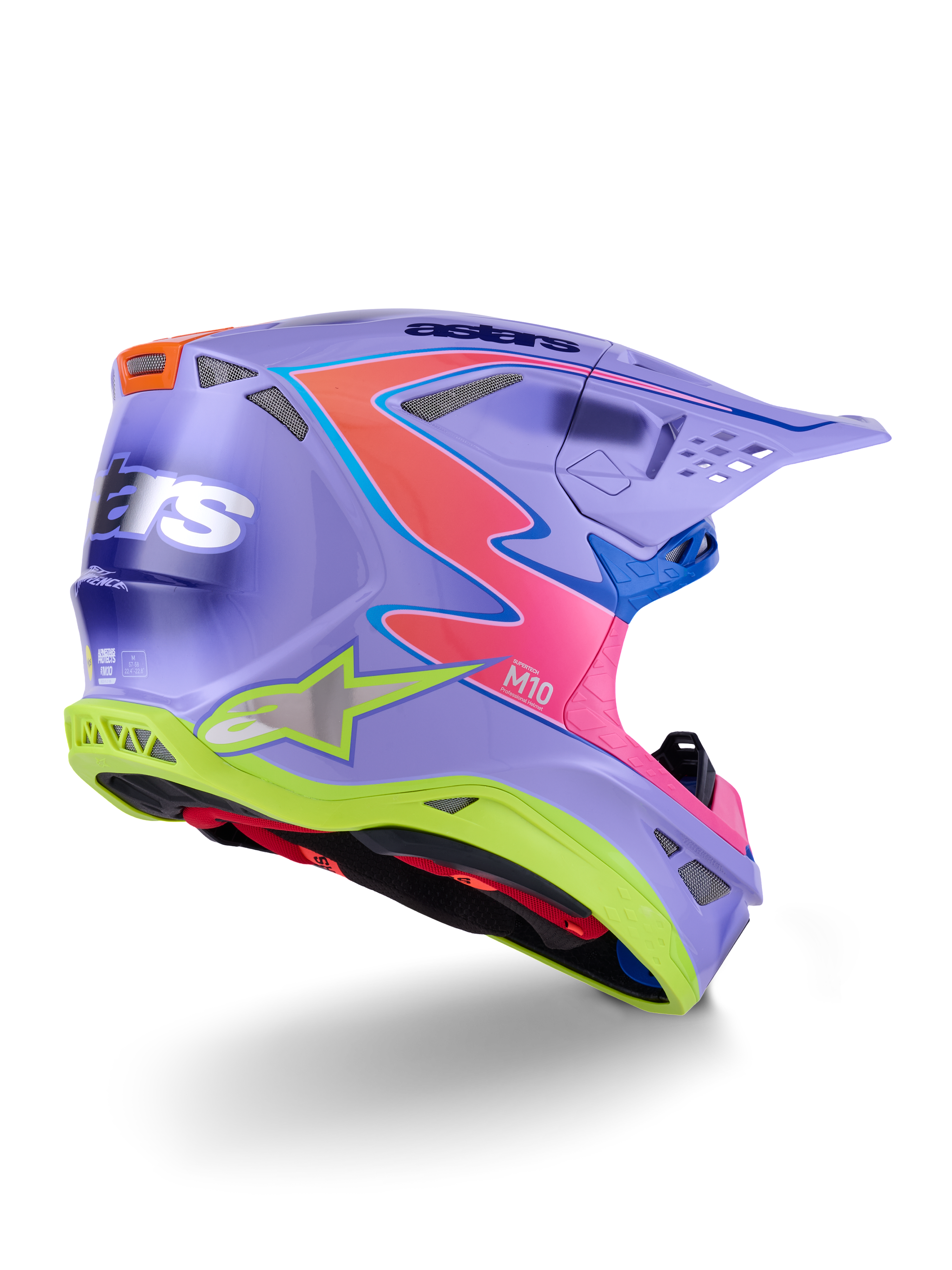 Alpinestars Supertech M10 Jett Lawrence R01 hjälm, motocrosshjälm, lila med rosa och fluorescerande gula detaljer, djärv grafisk design med Alpinestars-logotyper, aerodynamiskt skal med ventilationsöppningar och ett skyddande visir.