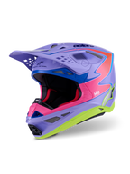 Alpinestars Supertech M10 Jett Lawrence R01-hjälm, motocrosshjälm, lila, rosa och fluorescerande gul glans, aerodynamisk design med multikomposit-kolfiberskal, flera ventilationsöppningar och livfull racinggrafik för terrängprestanda