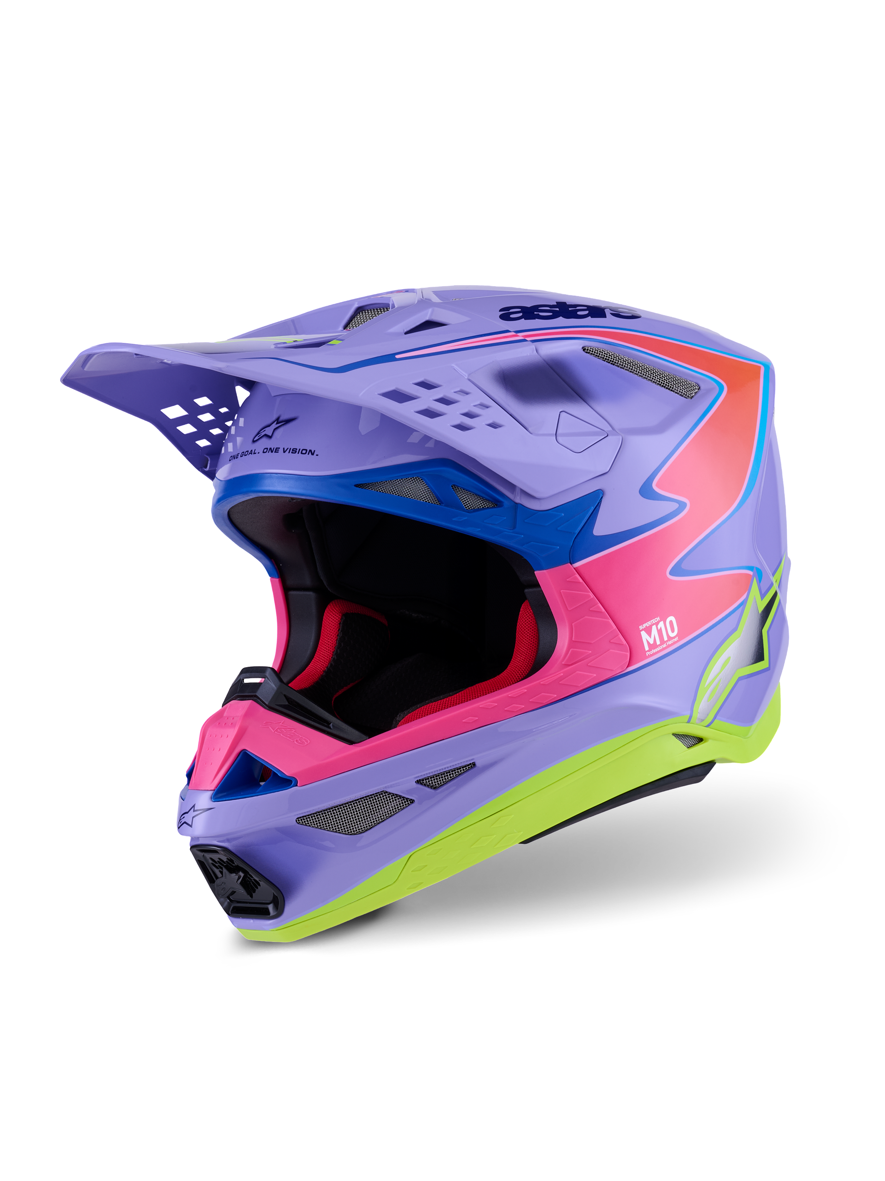 Alpinestars Supertech M10 Jett Lawrence R01-hjälm, motocrosshjälm, lila, rosa och fluorescerande gul glans, aerodynamisk design med multikomposit-kolfiberskal, flera ventilationsöppningar och livfull racinggrafik för terrängprestanda