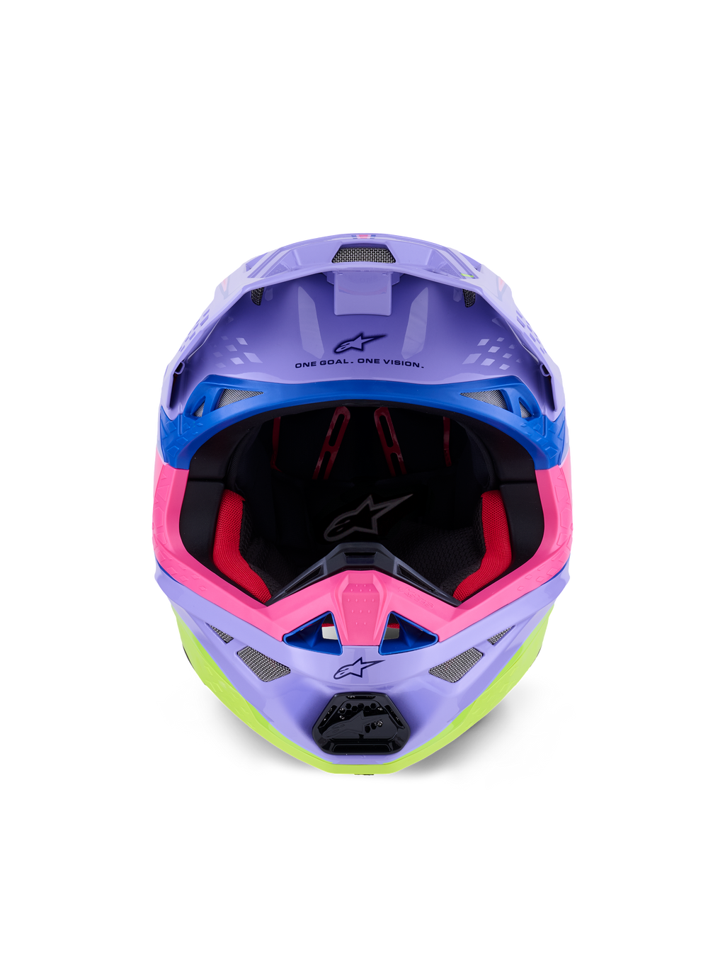 Alpinestars Supertech M10 Jett Lawrence R01-hjälm, motocrosshjälm, lila, rosa och neongul glans, vy framifrån som visar inre vaddering och hakskydd, 'ONE GOAL. ONE VISION.' tryckt under visiret, färgstark racinggrafik med blå detaljer
