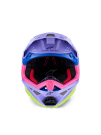 Alpinestars Supertech M10 Jett Lawrence R01-hjälm, motocrosshjälm, lila, rosa och neongul glans, vy framifrån som visar inre vaddering och hakskydd, 'ONE GOAL. ONE VISION.' tryckt under visiret, färgstark racinggrafik med blå detaljer