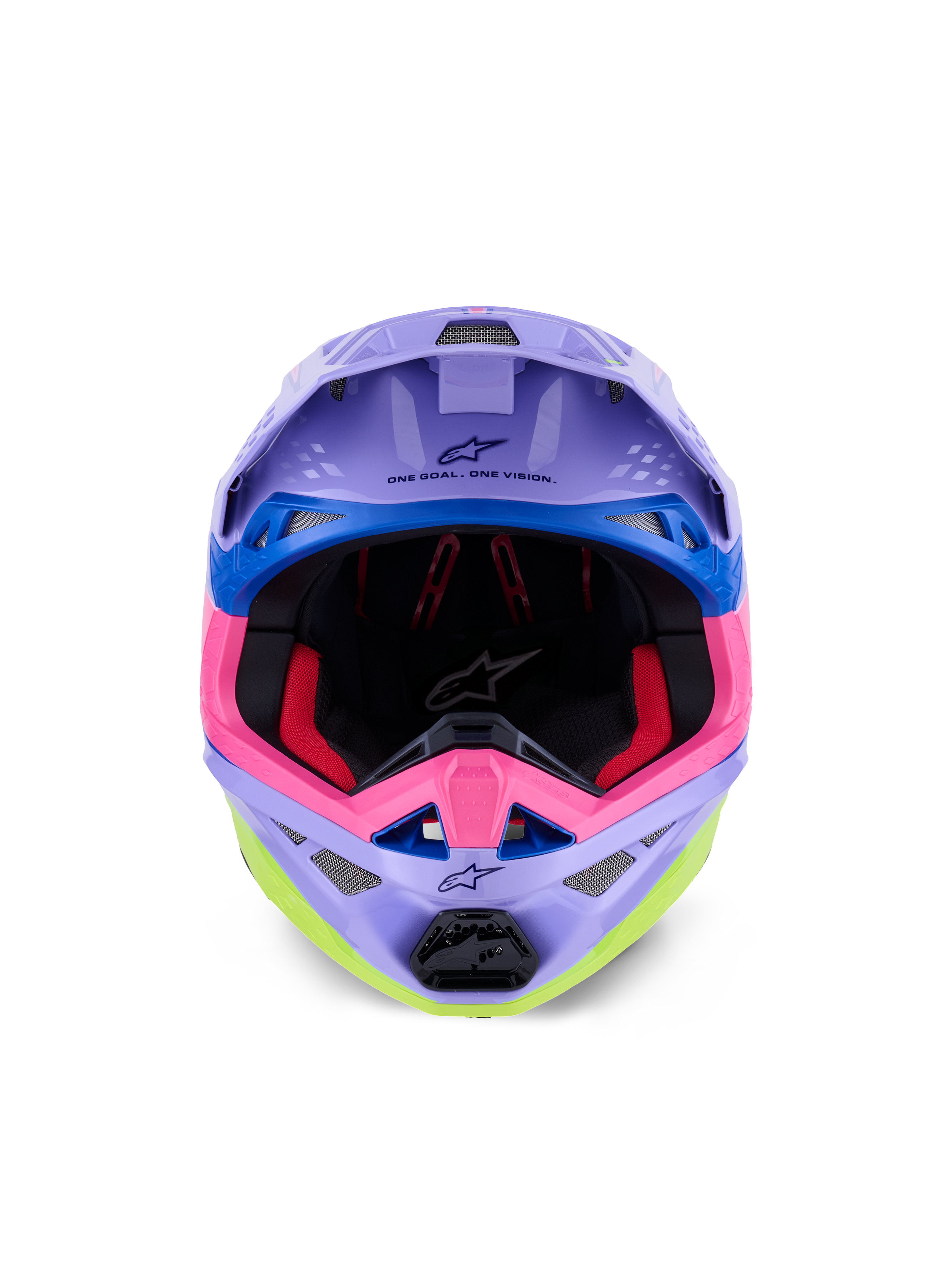 Alpinestars Supertech M10 Jett Lawrence R01-hjälm, motocrosshjälm, lila, rosa och neongul glans, vy framifrån som visar inre vaddering och hakskydd, 'ONE GOAL. ONE VISION.' tryckt under visiret, färgstark racinggrafik med blå detaljer