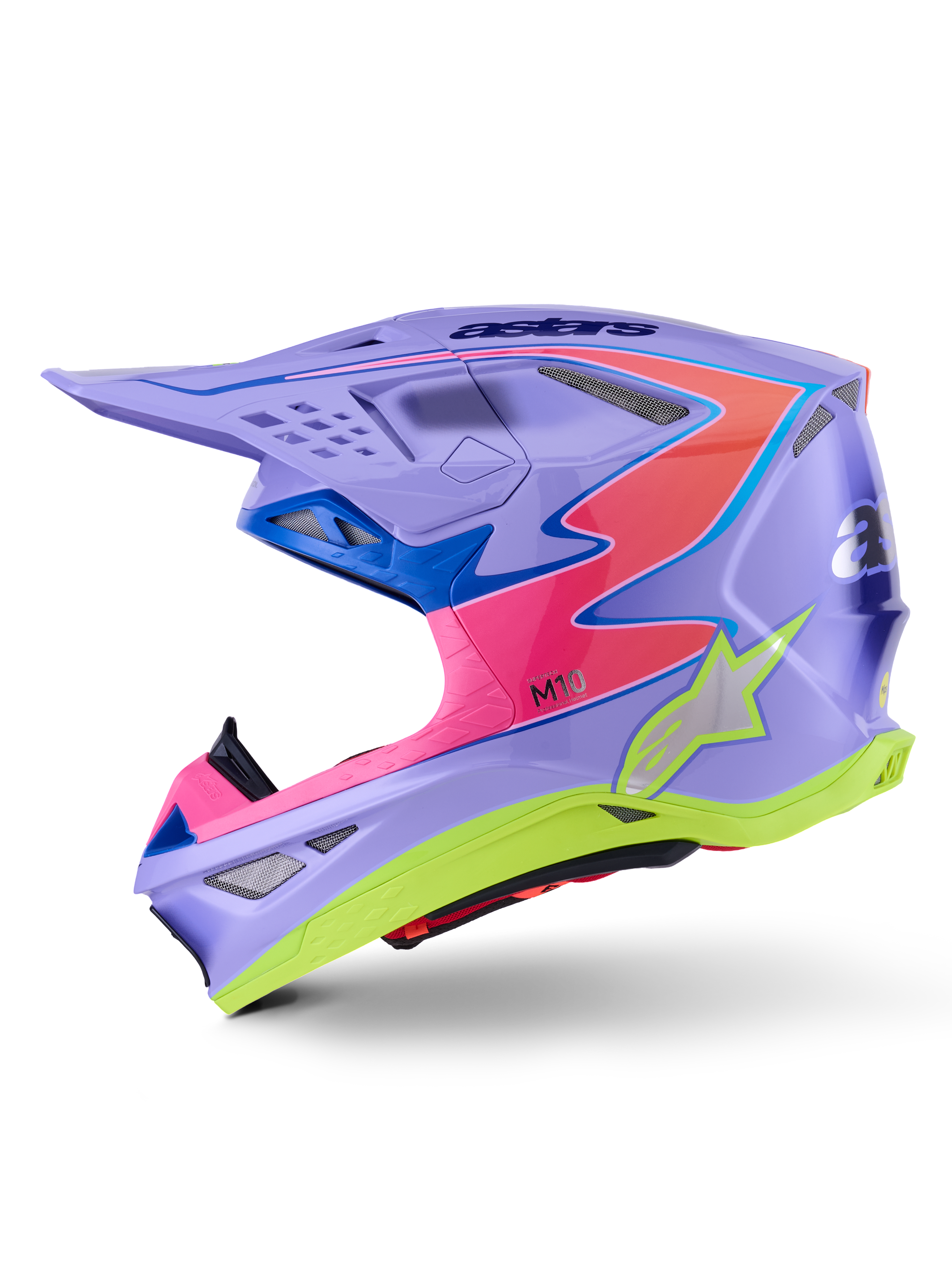 Alpinestars Supertech M10 Jett Lawrence R01 hjälm, motocrosshjälm, lila med rosa och fluorgula detaljer, sidoprofil med ett aerodynamiskt kolfiberskal, silverfärgad stjärnlogotyp, flera ventilationsöppningar och djärv grafisk design för professionell motocrossracing.