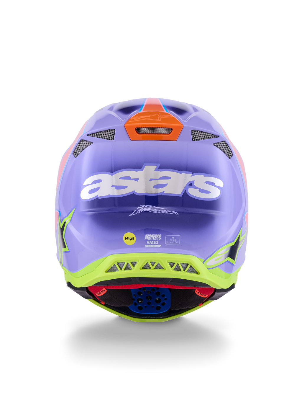 Alpinestars Supertech M10 Jett Lawrence R01-hjälm, motocrosshjälm, lila, rosa och fluorescerande gul, vy bakifrån med tydlig vit astars-logotyp, Jett Lawrence-signatur och flera ventilationsportar, strömlinjeformad aerodynamisk design för terrängkörning