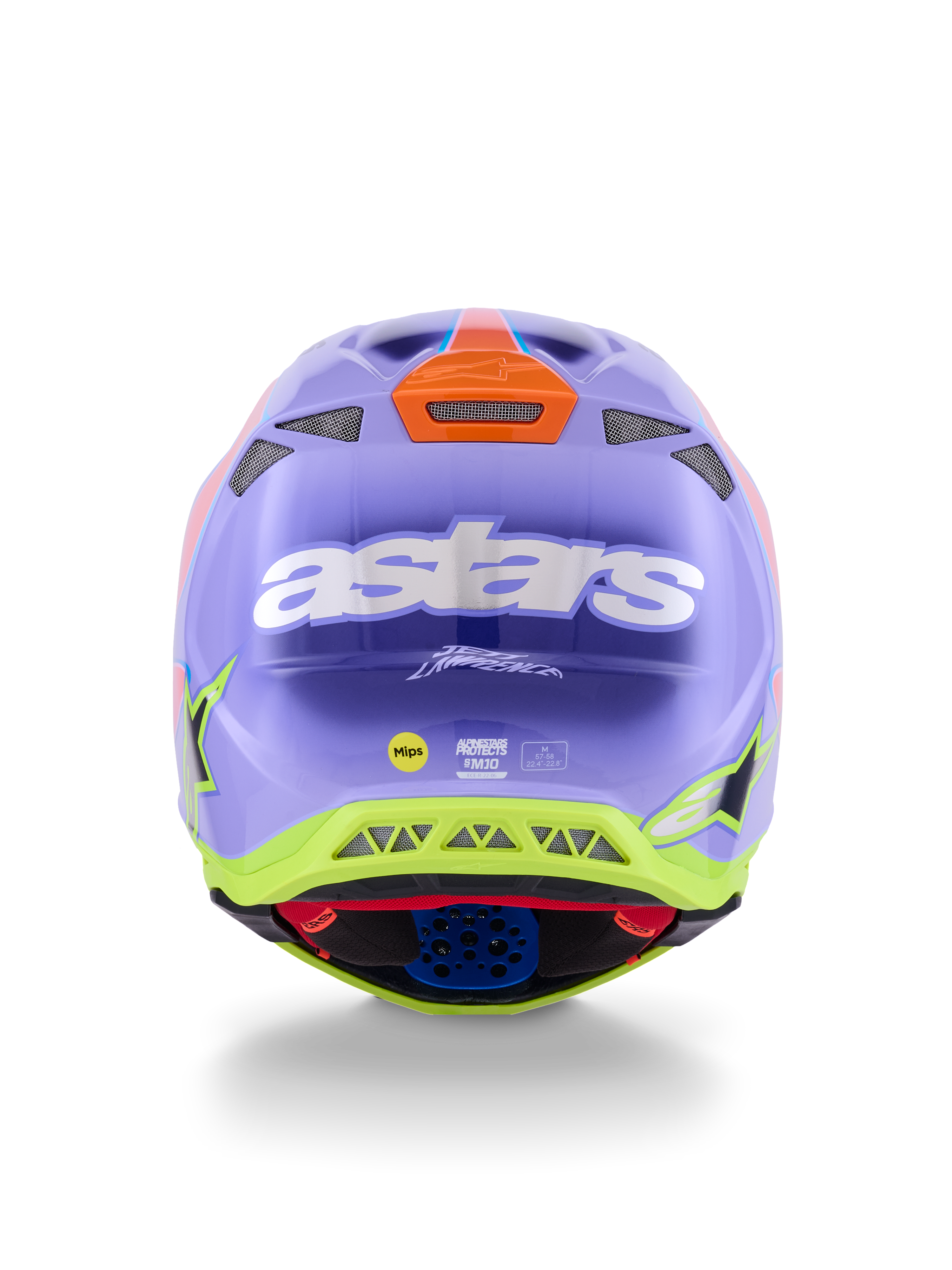 Alpinestars Supertech M10 Jett Lawrence R01-hjälm, motocrosshjälm, lila, rosa och fluorescerande gul, vy bakifrån med tydlig vit astars-logotyp, Jett Lawrence-signatur och flera ventilationsportar, strömlinjeformad aerodynamisk design för terrängkörning