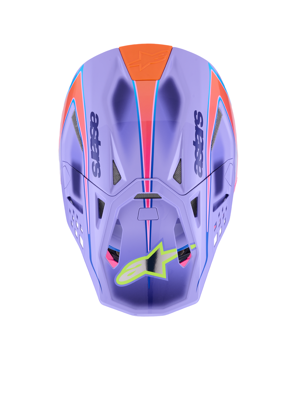 Alpinestars Supertech M10 Jett Lawrence R01-hjälm, motocrosshjälm, lila med rosa och orange grafik, vy uppifrån som visar ventilationsöppningar och aerodynamiskt skal, neongul stjärnlogotyp på visiret, avancerad kolfiberkonstruktion för terrängkörning