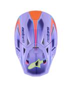 Alpinestars Supertech M10 Jett Lawrence R01-hjälm, motocrosshjälm, lila med rosa och orange grafik, vy uppifrån som visar ventilationsöppningar och aerodynamiskt skal, neongul stjärnlogotyp på visiret, avancerad kolfiberkonstruktion för terrängkörning