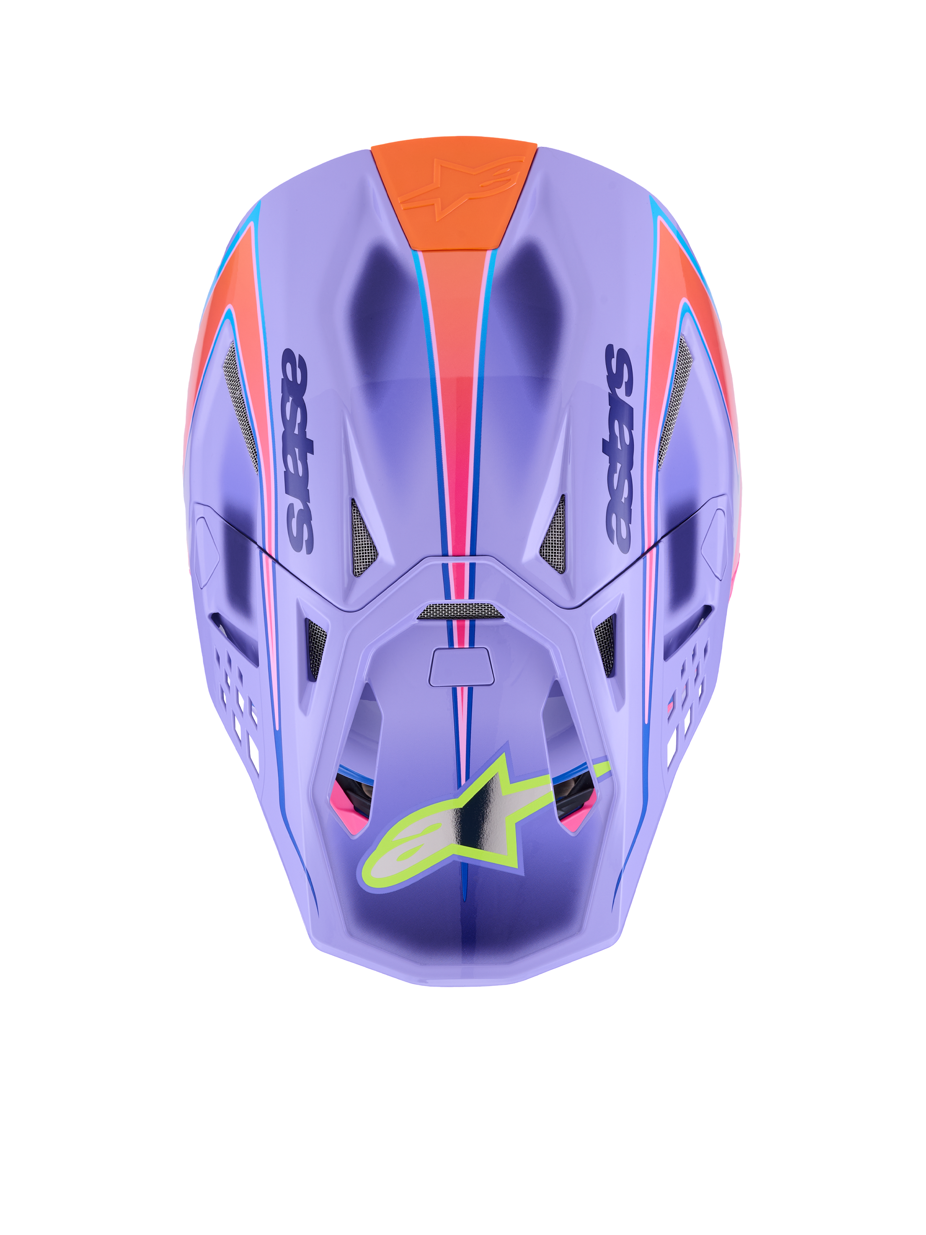 Alpinestars Supertech M10 Jett Lawrence R01-hjälm, motocrosshjälm, lila med rosa och orange grafik, vy uppifrån som visar ventilationsöppningar och aerodynamiskt skal, neongul stjärnlogotyp på visiret, avancerad kolfiberkonstruktion för terrängkörning