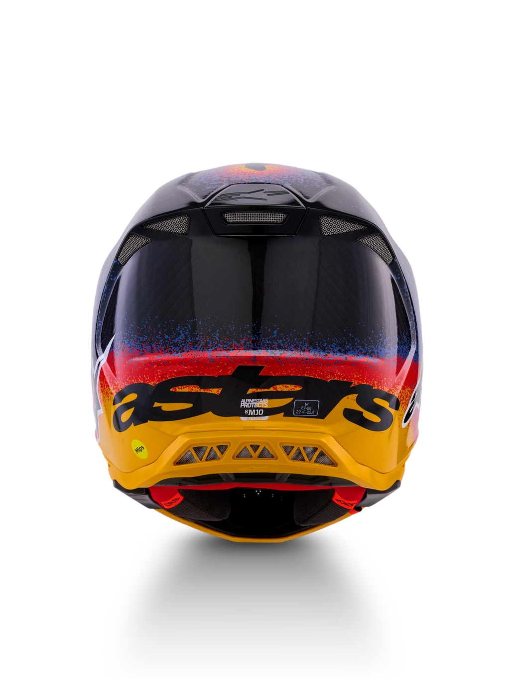 Alpinestars Limited Edition Supertech M10 Black Hole Helmet, Motocross Helmet, Rear View, featuring a Black Burst Glossy finish with blue and red splatter transitioning to a bright yellow base, black 'astars' branding, and visible exhaust vents for optimized airflow.