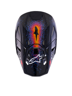 Alpinestars Limited Edition Supertech M10 Black Hole Helmet, Motocross Helmet, Black Burst Glossy, top-down view showing vibrant orange, red, and blue galaxy-inspired graphics, glossy finish with white Alpinestars logo on the visor.