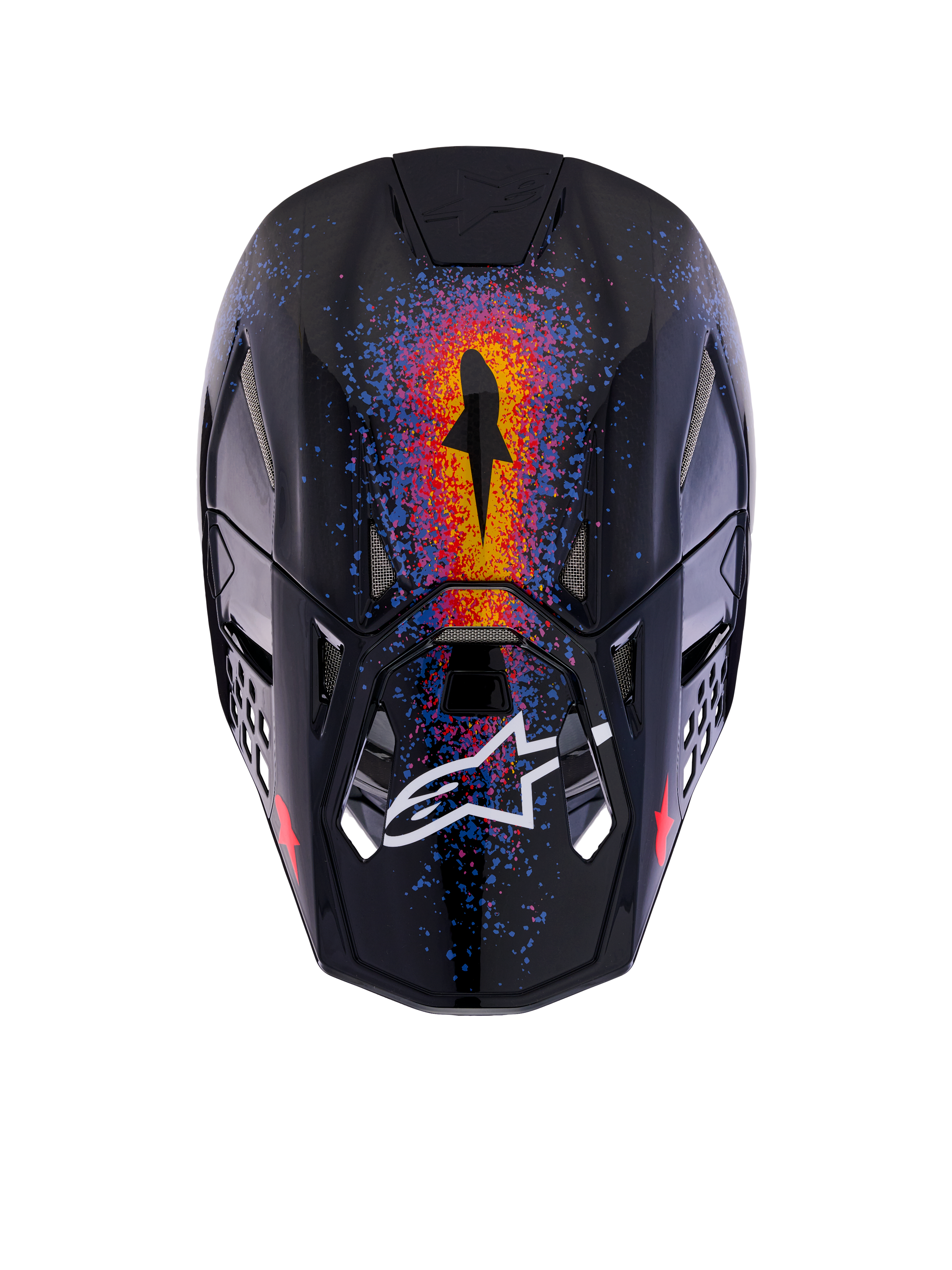Alpinestars Limited Edition Supertech M10 Black Hole Helmet, Motocross Helmet, Black Burst Glossy, top-down view showing vibrant orange, red, and blue galaxy-inspired graphics, glossy finish with white Alpinestars logo on the visor.