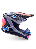Alpinestars Limited Edition Supertech M10 Records-hjälm, motocrosshjälm, flerfärgad glansig yta, med en marinblå bas och livfull Records-grafik i rosa, orange och ljusblått, profilvy från sidan som visar det aerodynamiska skalet, visiret och ventilationsportarna.