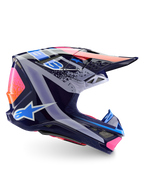 Alpinestars Limited Edition Supertech M10 Records-hjälm, motocrosshjälm, flerfärgad glansig yta, med en marinblå bas och livfull Records-grafik i rosa, orange och ljusblått, profilvy från sidan som visar det aerodynamiska skalet, visiret och ventilationsportarna.