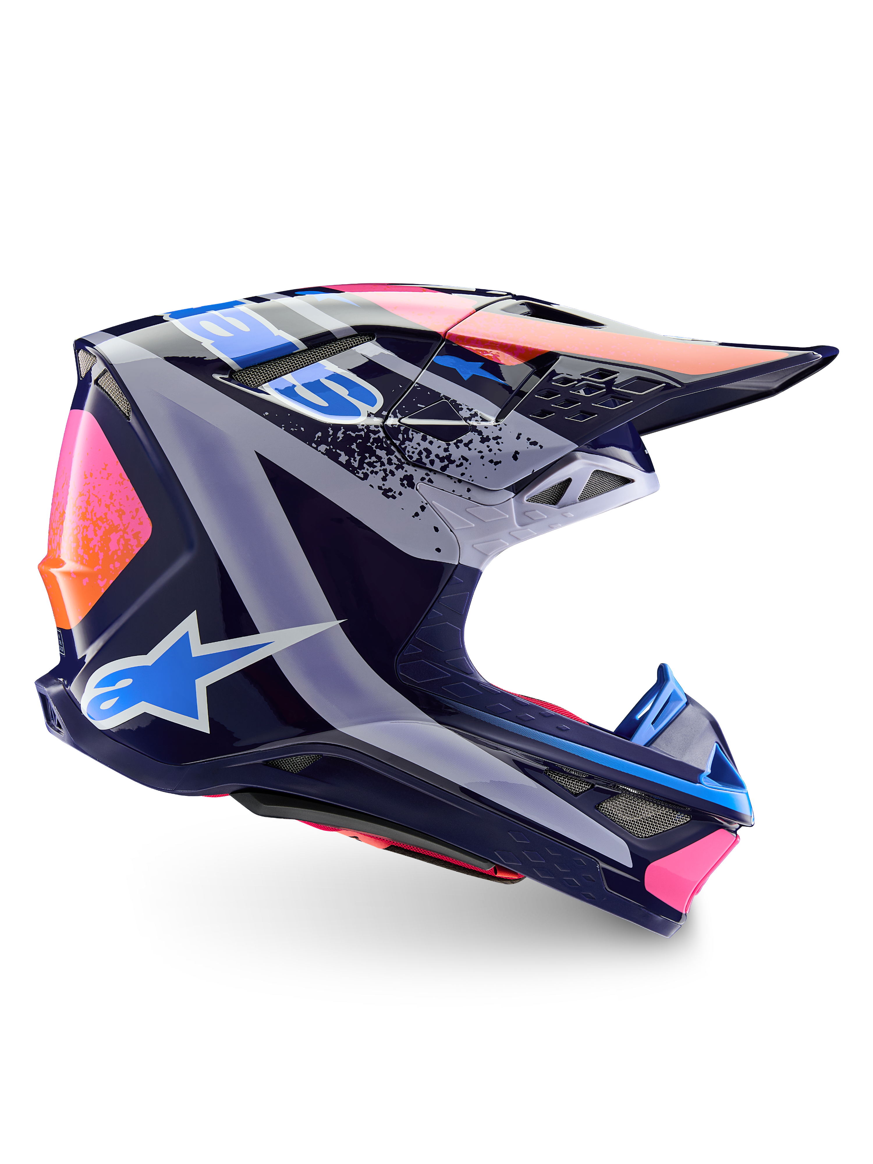 Alpinestars Limited Edition Supertech M10 Records-hjälm, motocrosshjälm, flerfärgad glansig yta, med en marinblå bas och livfull Records-grafik i rosa, orange och ljusblått, profilvy från sidan som visar det aerodynamiska skalet, visiret och ventilationsportarna.