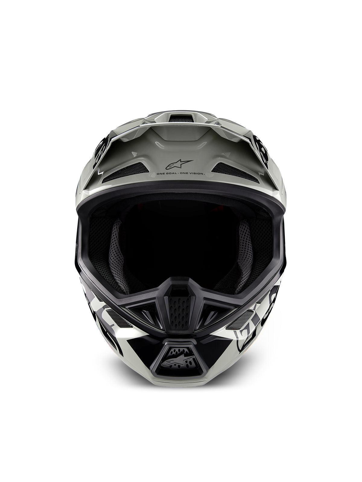 Alpinestars Limited Edition S-M7 Wolf Dust-hjälm, motocrosshjälm, Dune Black Glossy med vit och svart grafik, vy framifrån som visar den breda öppningen för goggles och flera ventilationsöppningar, aerodynamisk skärm med Alpinestars-logotyp och texten 'One Goal One Vision', specialiserat huvudskydd för off-road-racing