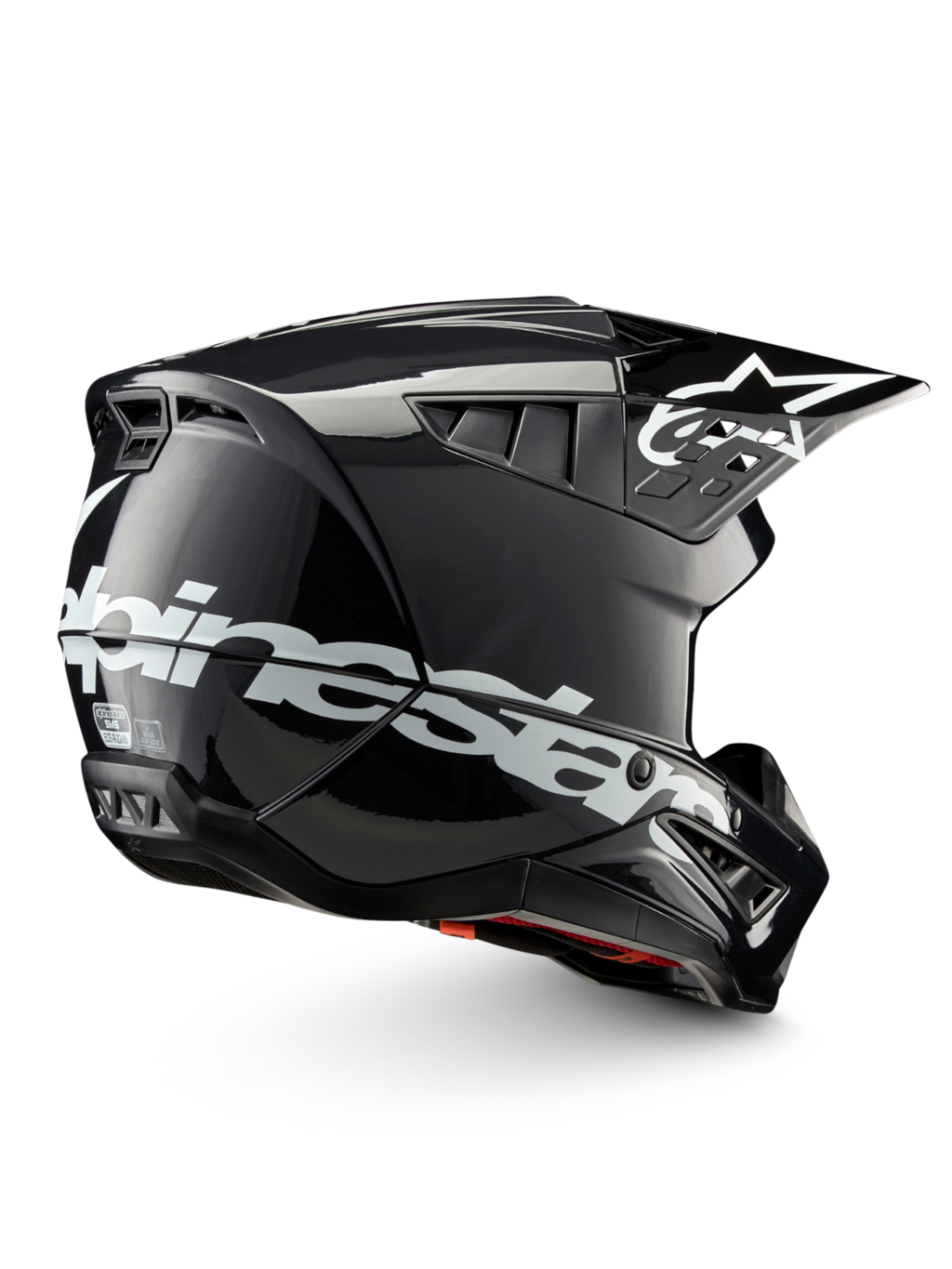 Alpinestars S-M5 Corp hjälm ECE 22.06, mörkgrå glansig och vit motocrosshjälm, ECE-certifierad för terrängkörning.