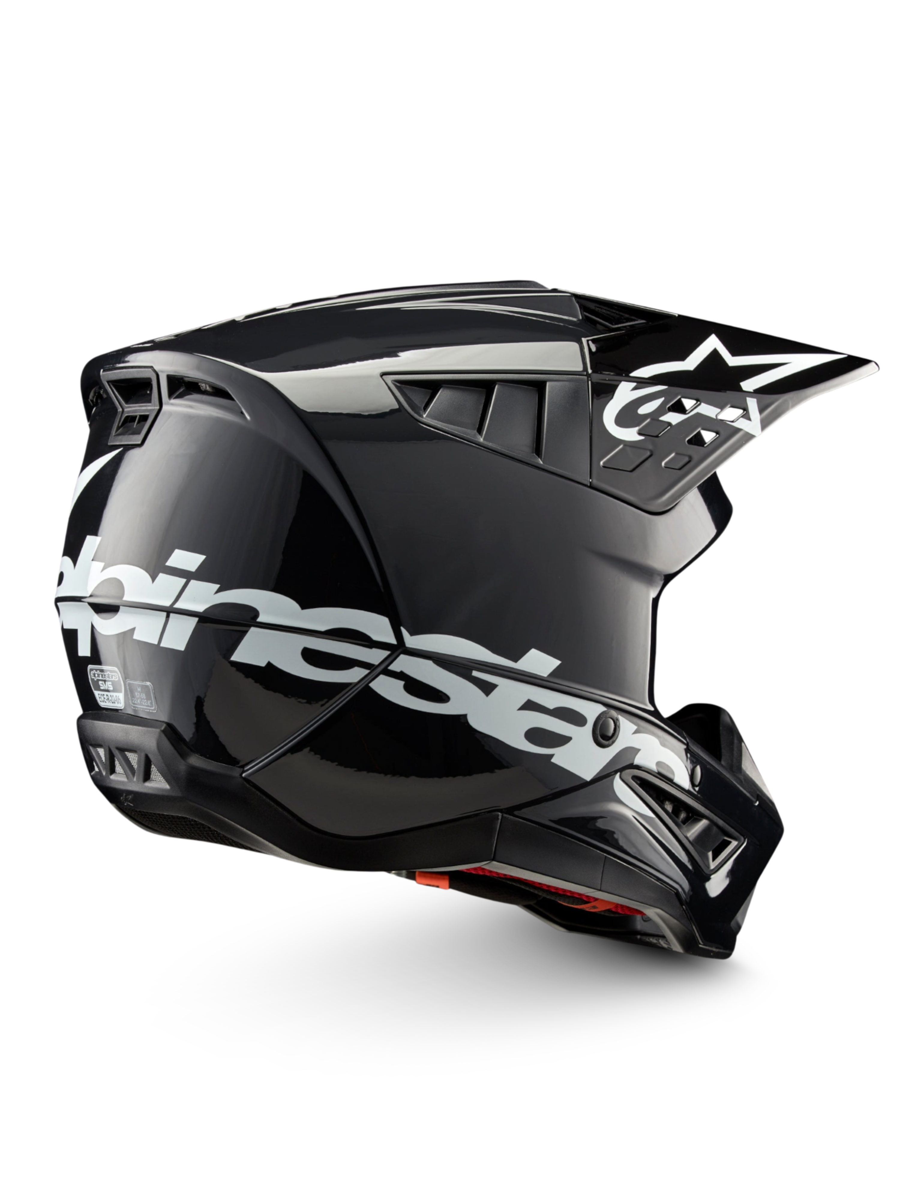 Alpinestars S-M5 Corp hjälm ECE 22.06, mörkgrå glansig och vit motocrosshjälm, ECE-certifierad för terrängkörning.