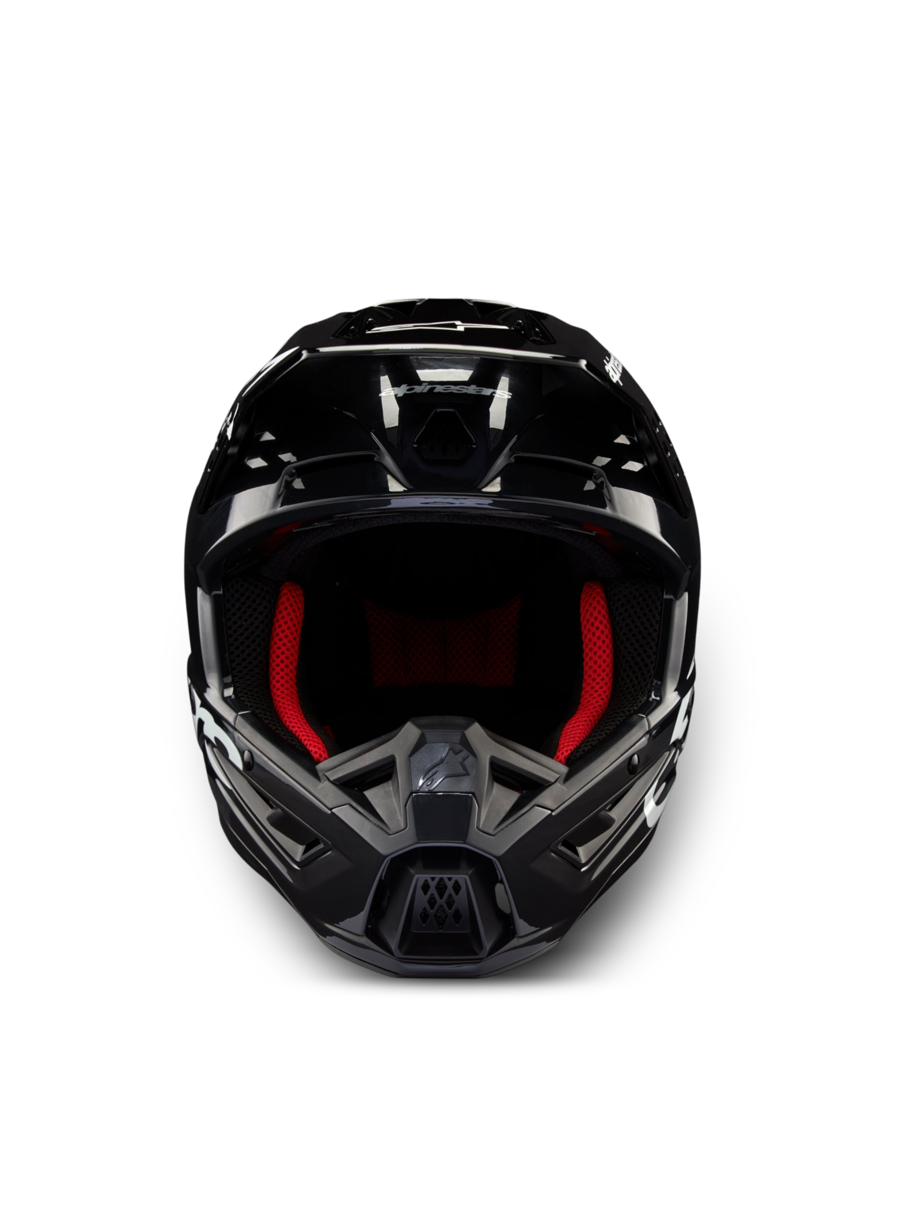Alpinestars S-M5 Corp hjälm, mörkgrå glansig motocrosshjälm med rött innerfoder, ECE 22.06-certifierad.