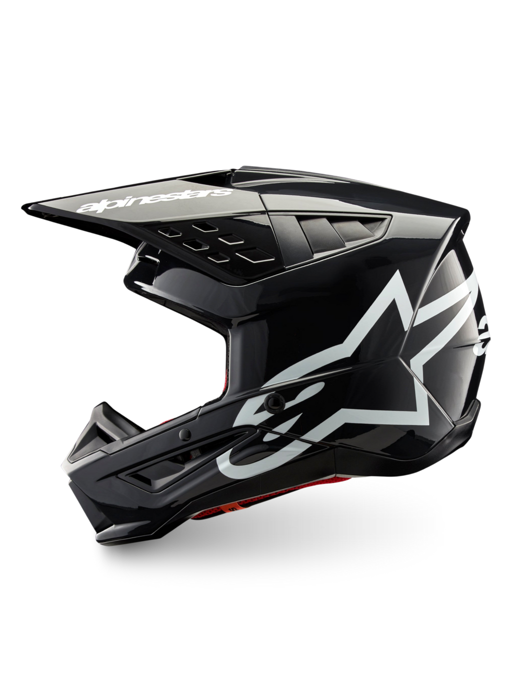 Alpinestars S-M5 Corp hjälm, mörkgrå glansig motocrosshjälm för terrängkörning, vita logotyper, ECE 22.06-certifierad.