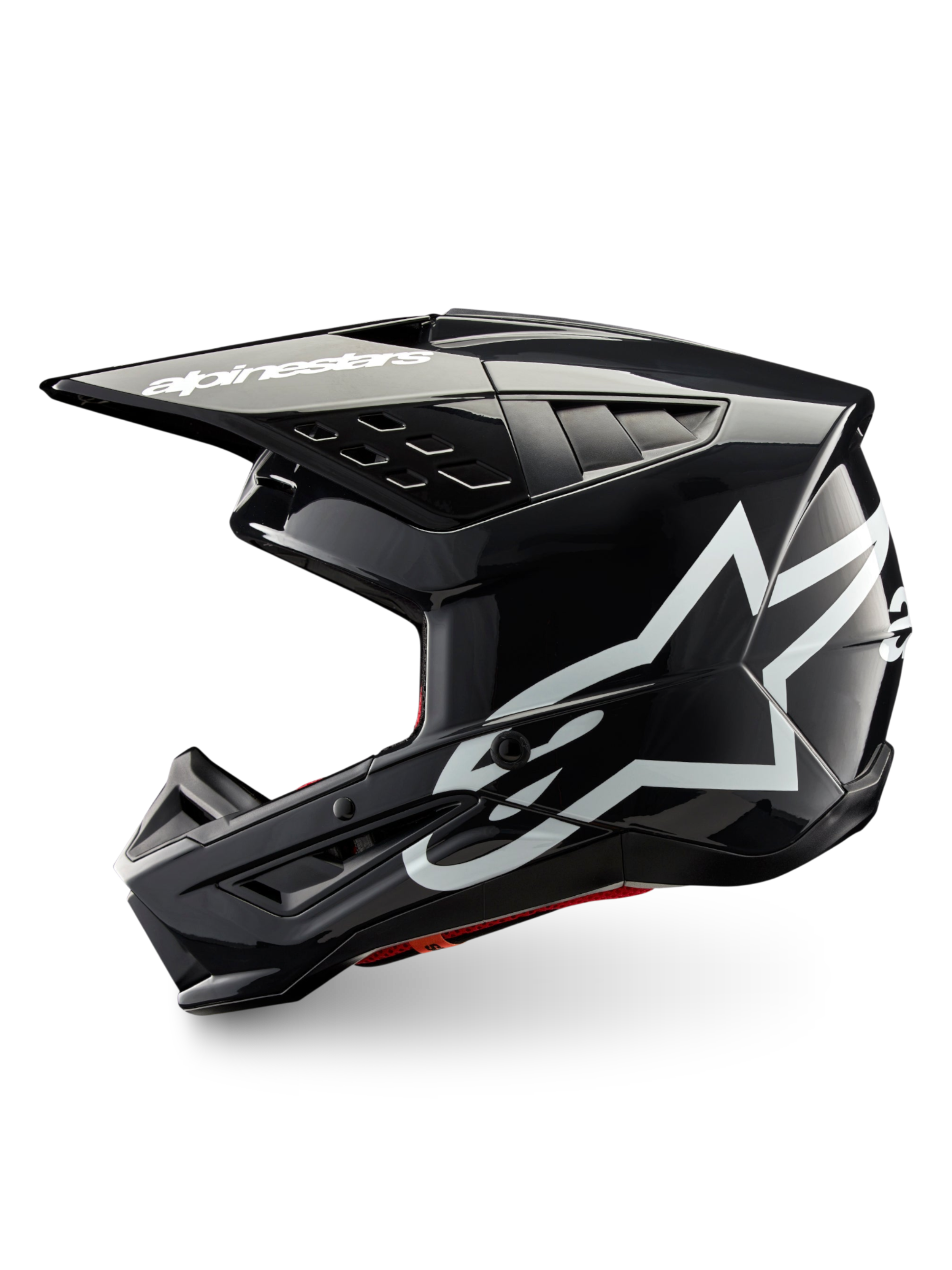 Alpinestars S-M5 Corp hjälm, mörkgrå glansig motocrosshjälm för terrängkörning, vita logotyper, ECE 22.06-certifierad.